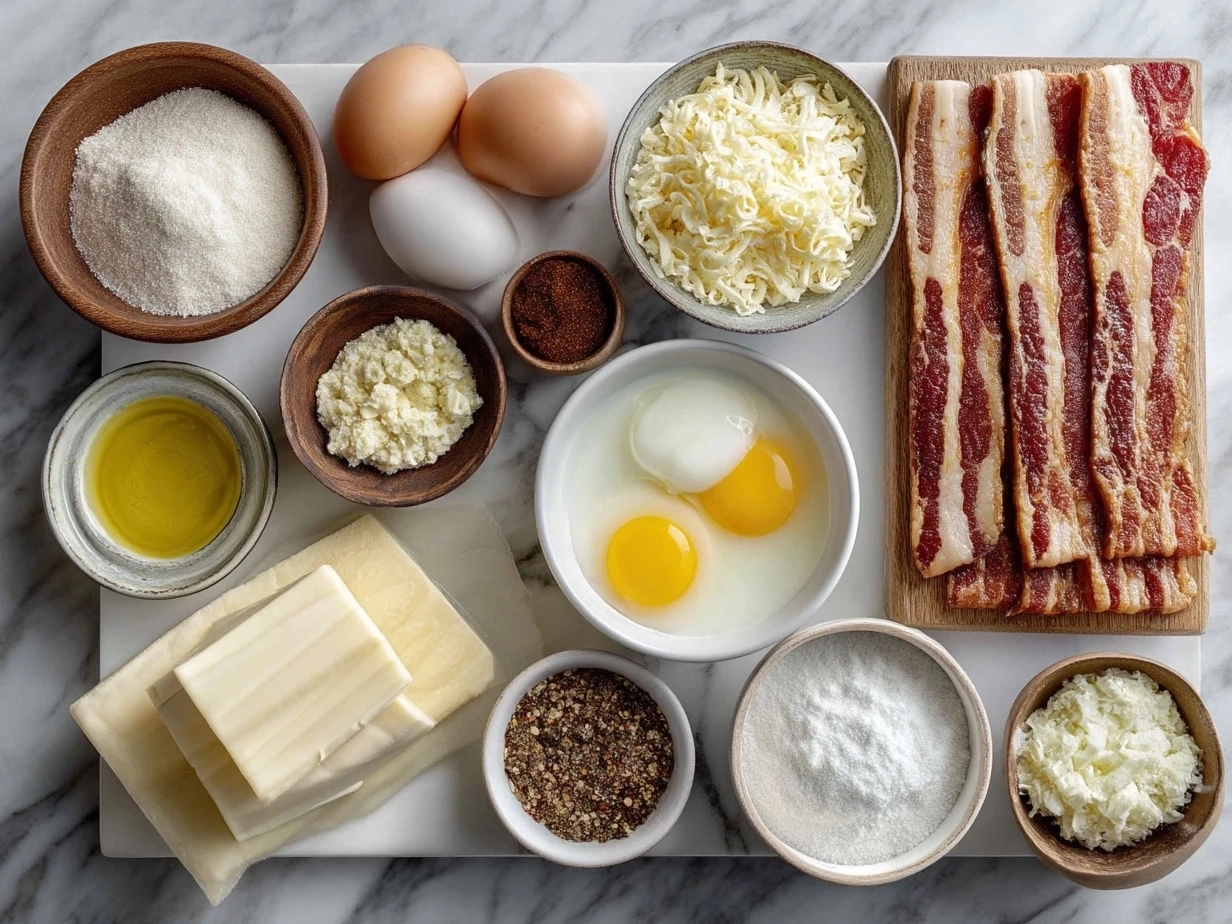 Ingredients for Bacon Wrapped Grilled Cheese Fingers: thick-cut bacon, sourdough bread strips, shredded sharp cheddar, butter, and seasonings