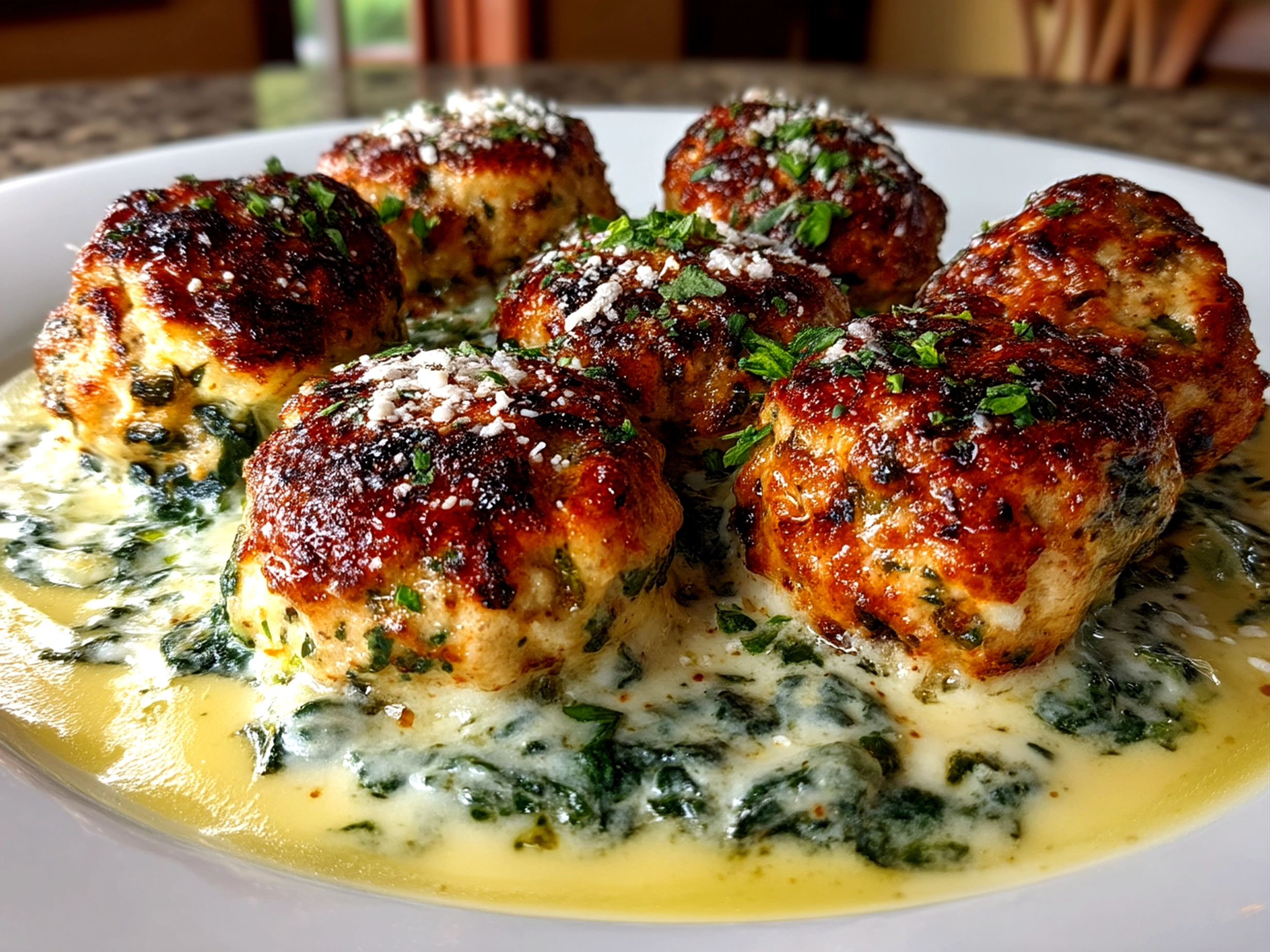 Serving Baked Chicken Ricotta Meatballs with creamy Spinach Alfredo Sauce