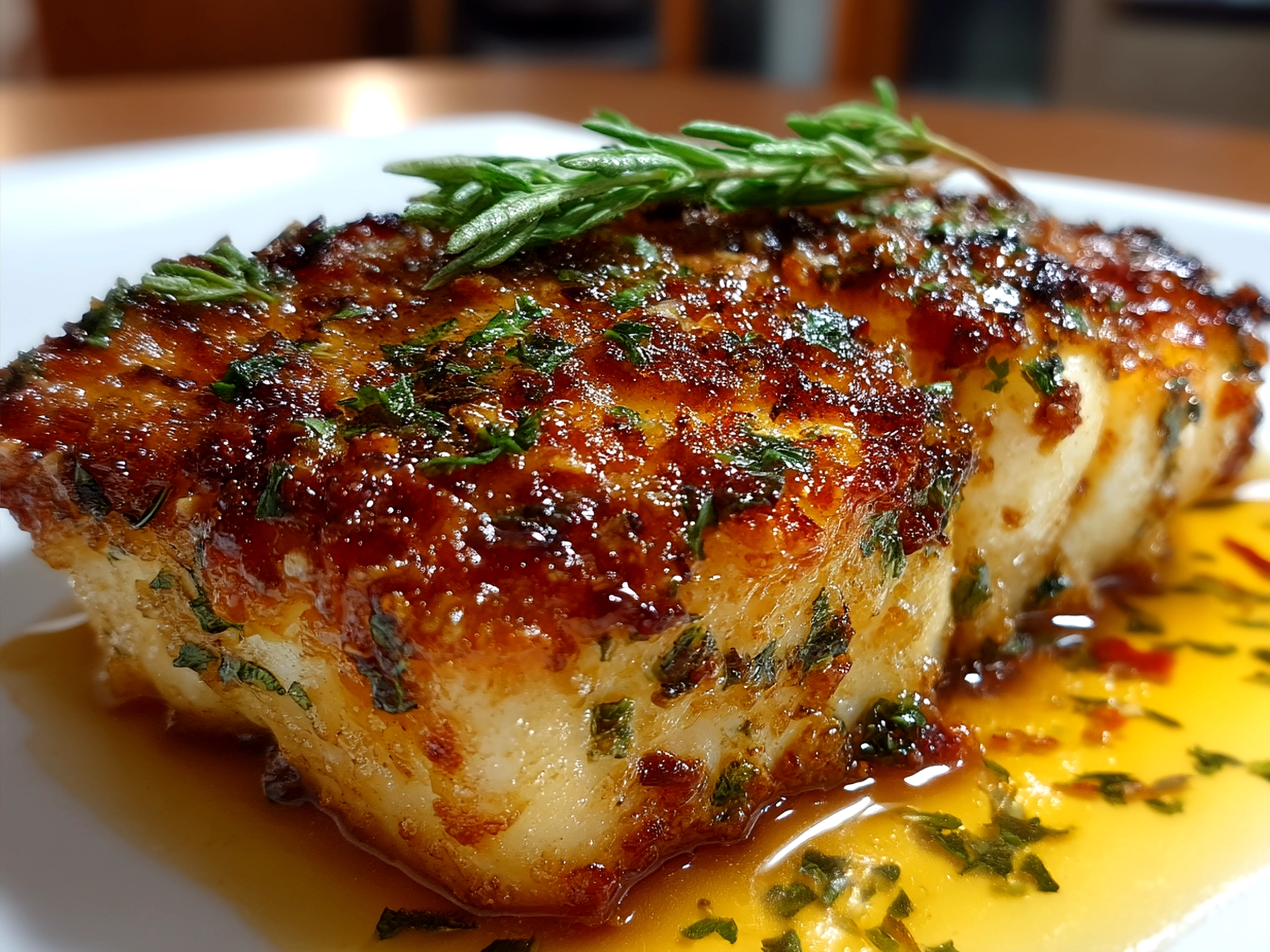 Serving of baked honey marinade cod garnished with fresh parsley and lemon wedges ready to eat