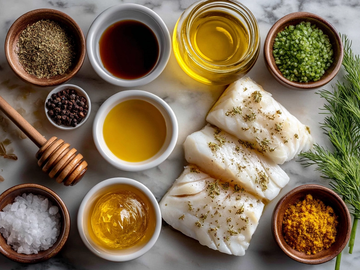 Ingredients for baked honey marinade cod showing cod fillets, honey, soy sauce, lemon, garlic, olive oil, and fresh herbs