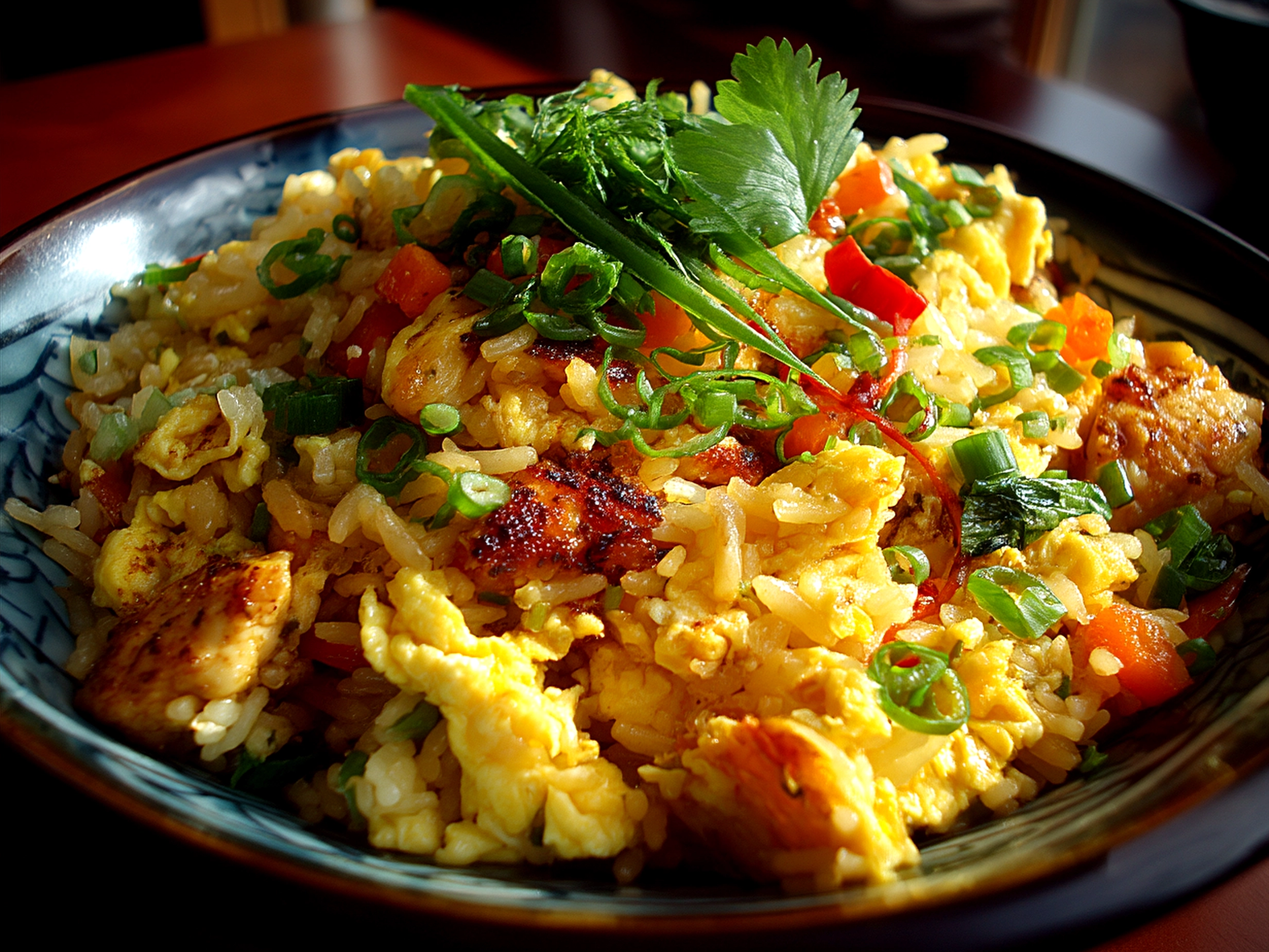 Serving bowl of Bang Bang Fried Rice with garnishes ready to eat