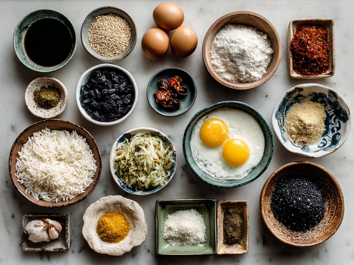 Ingredients for Bang Bang Fried Rice laid out neatly on a surface