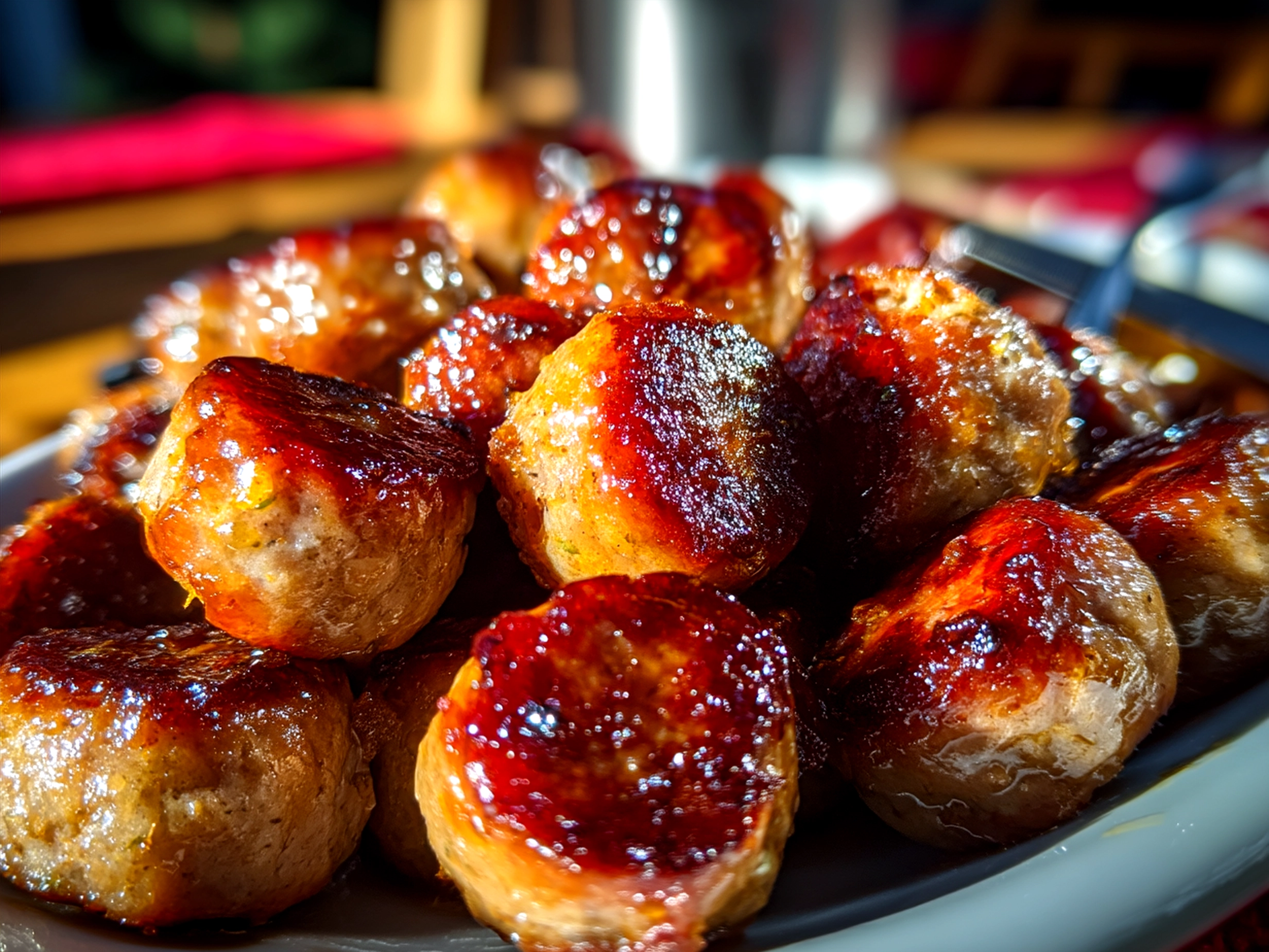 Finished BBQ Sausage Bites served on a rustic wooden board garnished with fresh herbs