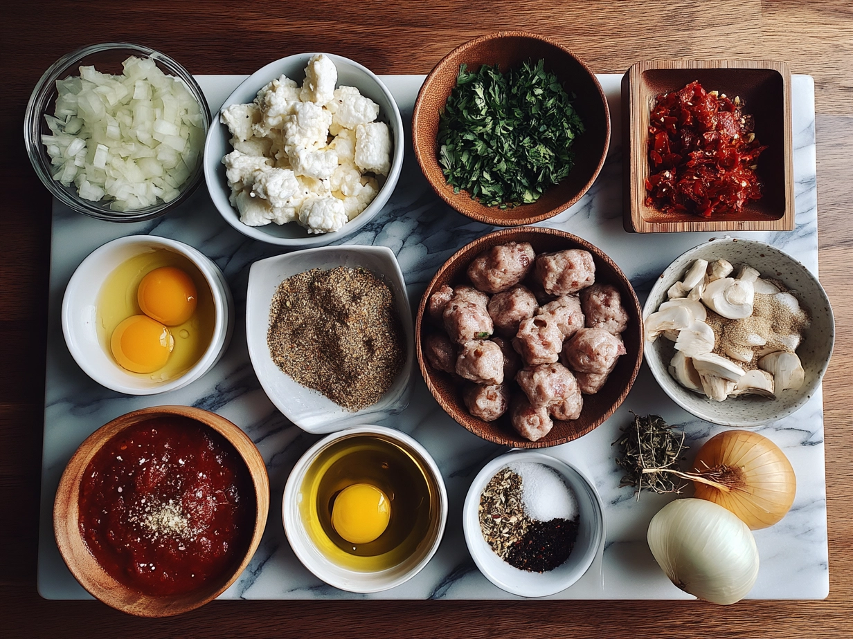 Ingredients for BBQ Sausage Bites: pork sausage, barbecue sauce, olive oil, smoked paprika, and fresh herbs
