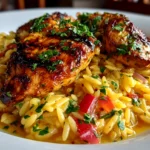 Beautiful homemade Mediterranean Chicken Orzo on white plate