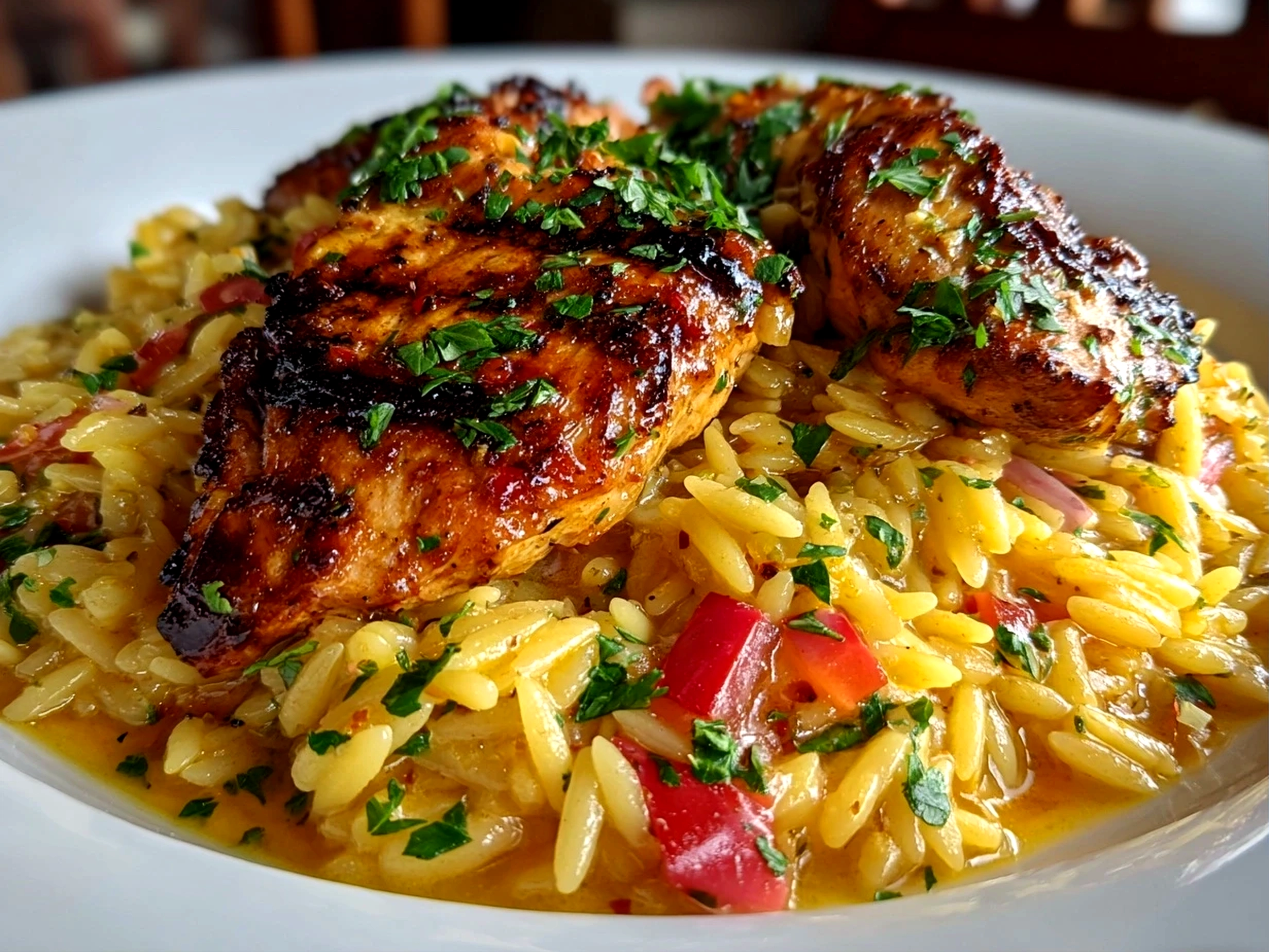 Beautiful homemade Mediterranean Chicken Orzo on white plate
