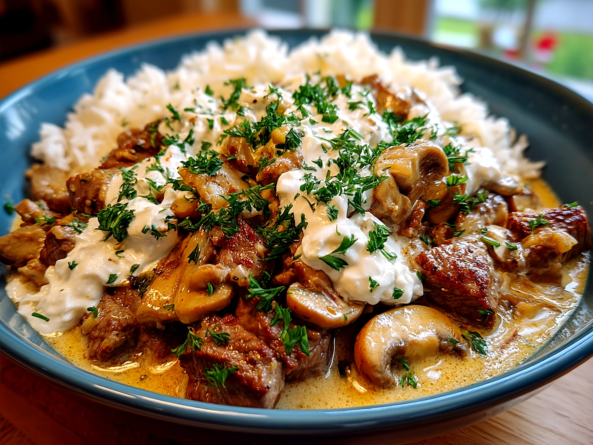 Serving of creamy Beef Stroganoff With Sour Cream garnished with fresh parsley