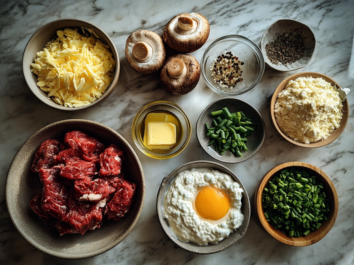 Ingredients for Beef Stroganoff With Sour Cream including sliced beef, mushrooms, onions, garlic, butter, broth, sour cream and spices