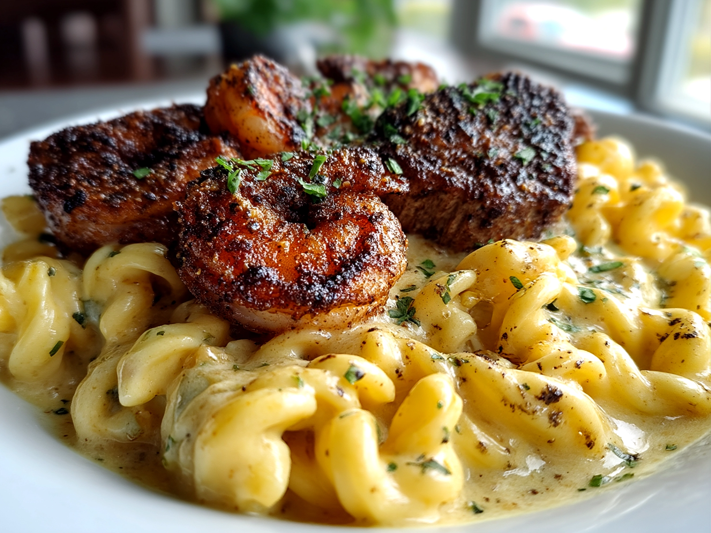Serving of Blackened Steak Shrimp Alfredo with creamy pasta and garnishes
