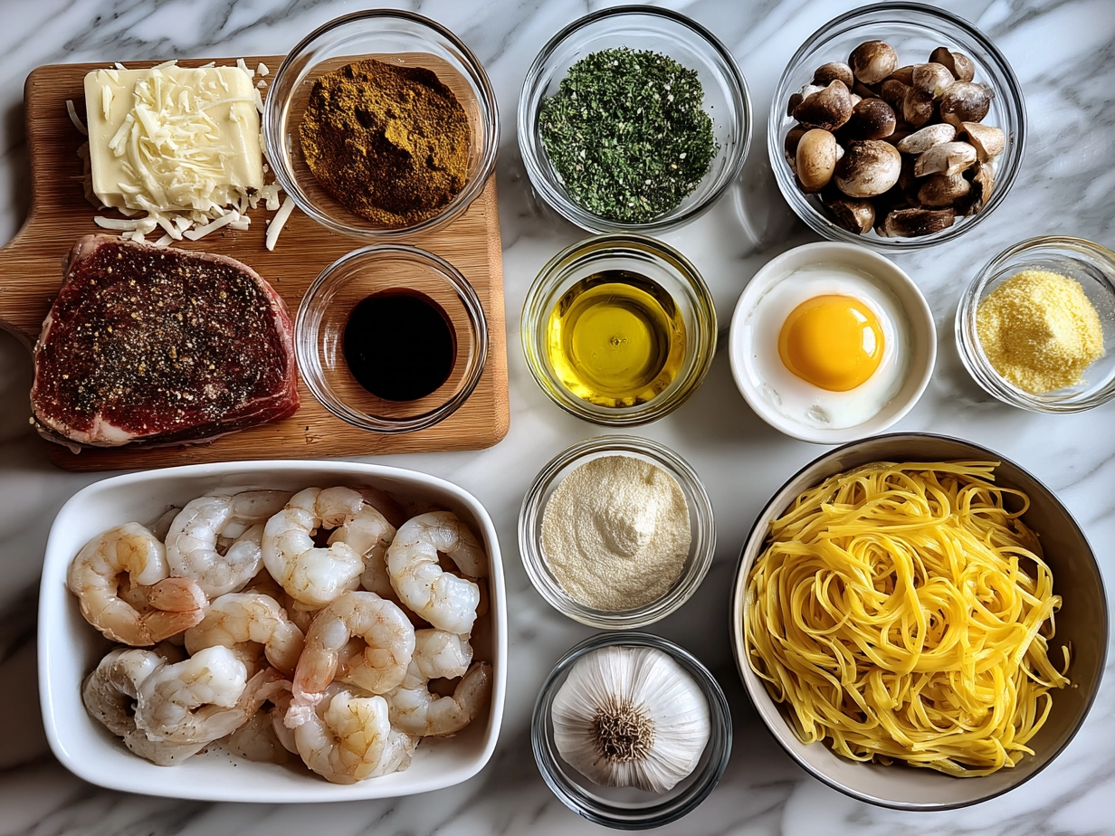 Ingredients for Blackened Steak Shrimp Alfredo including pasta, shrimp, steak, butter, and spices