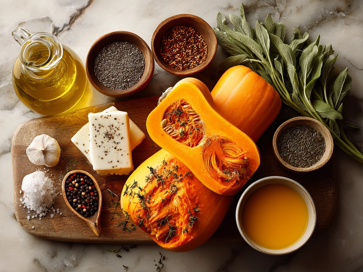 Ingredients for Butternut Squash Soup including butternut squash, onions, garlic, broth, and herbs