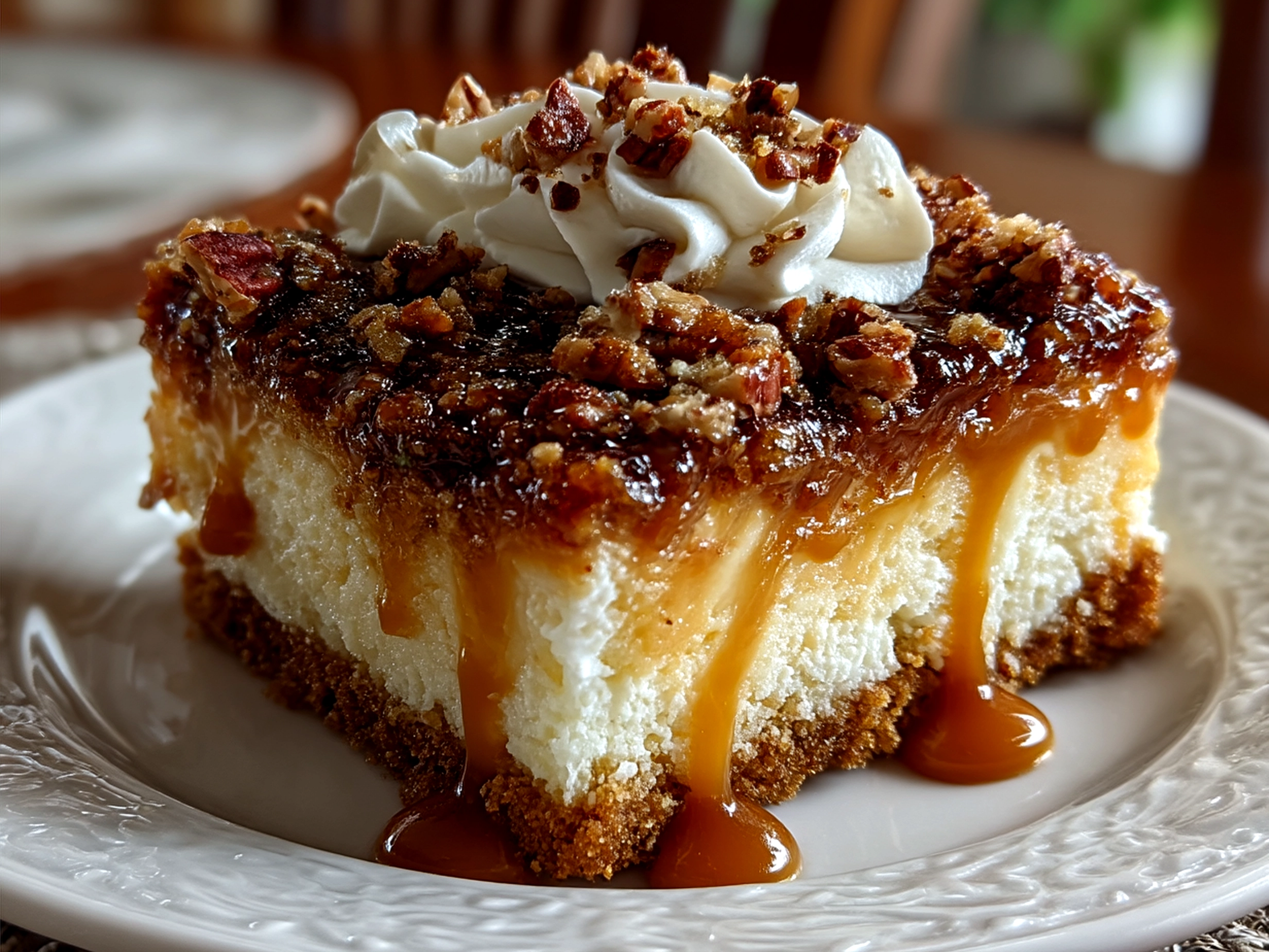 A delicious serving of Caramel Butter Pecan Praline Poke Cake topped with praline frosting and toasted pecans