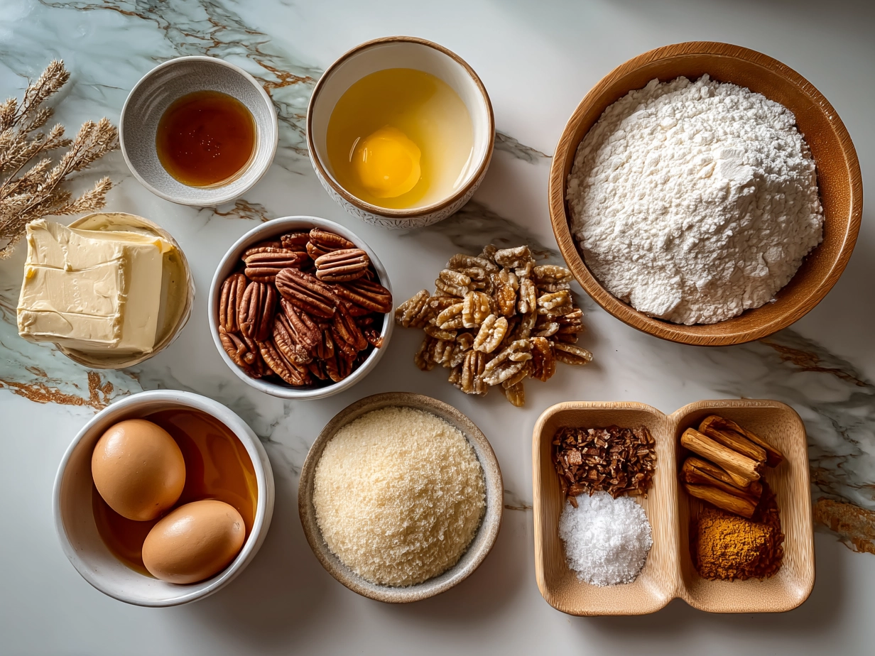 Ingredients for Caramel Butter Pecan Praline Poke Cake including pecans, caramel butter sauce, and praline frosting