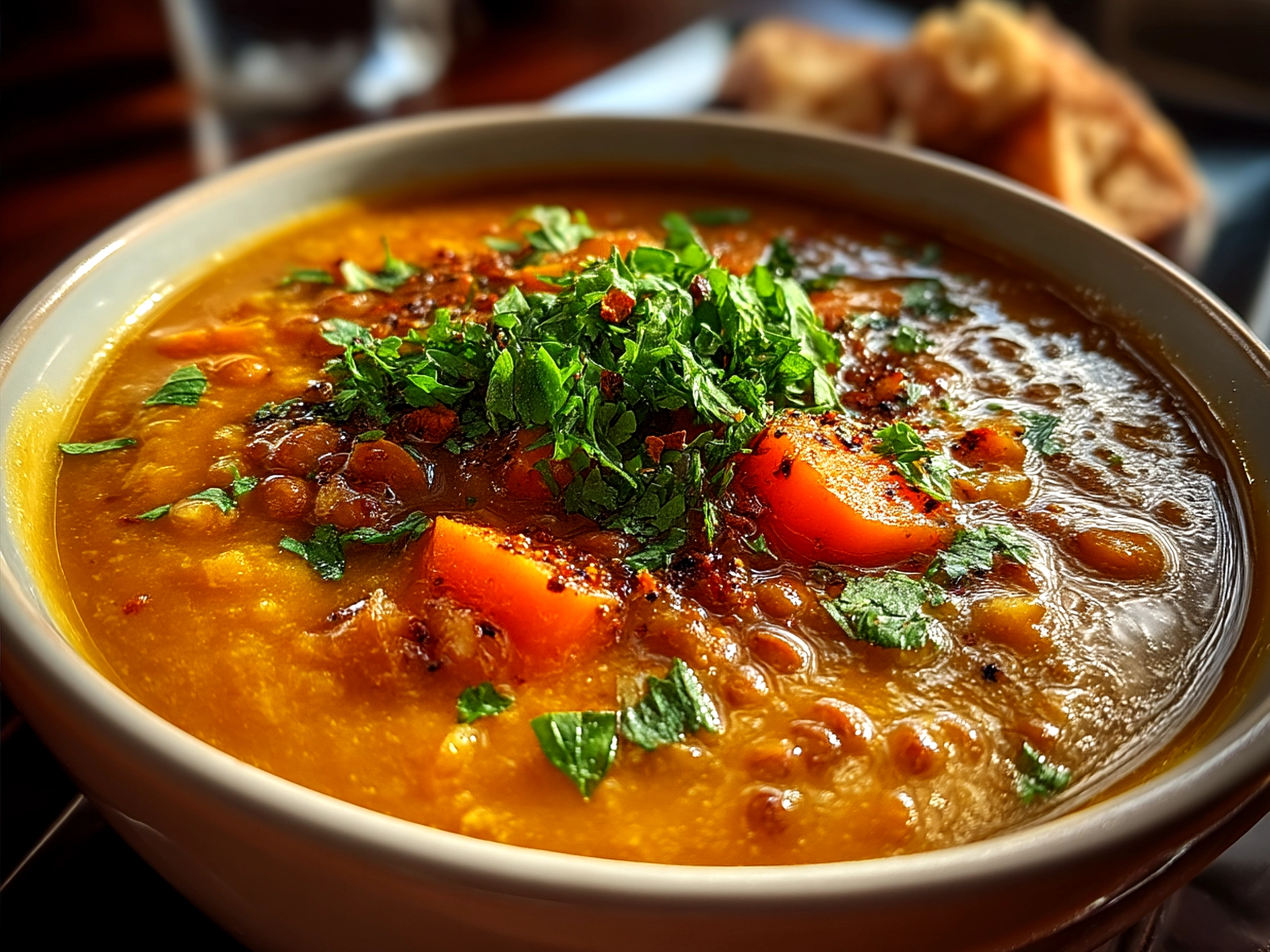 Serving bowl of creamy carrot and lentil soup with garnish