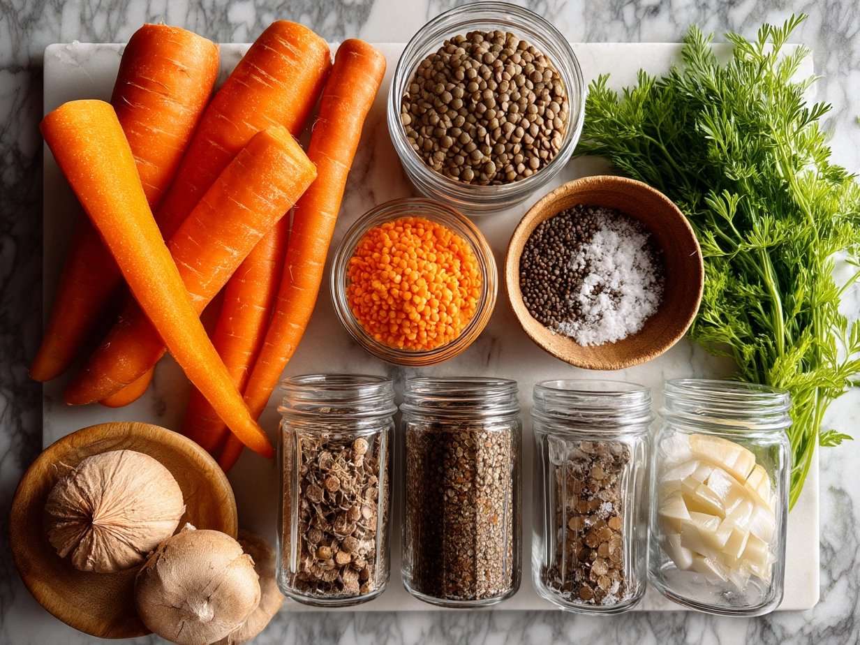 Ingredients for carrot and lentil soup including chopped carrots, red lentils, onions, garlic and spices