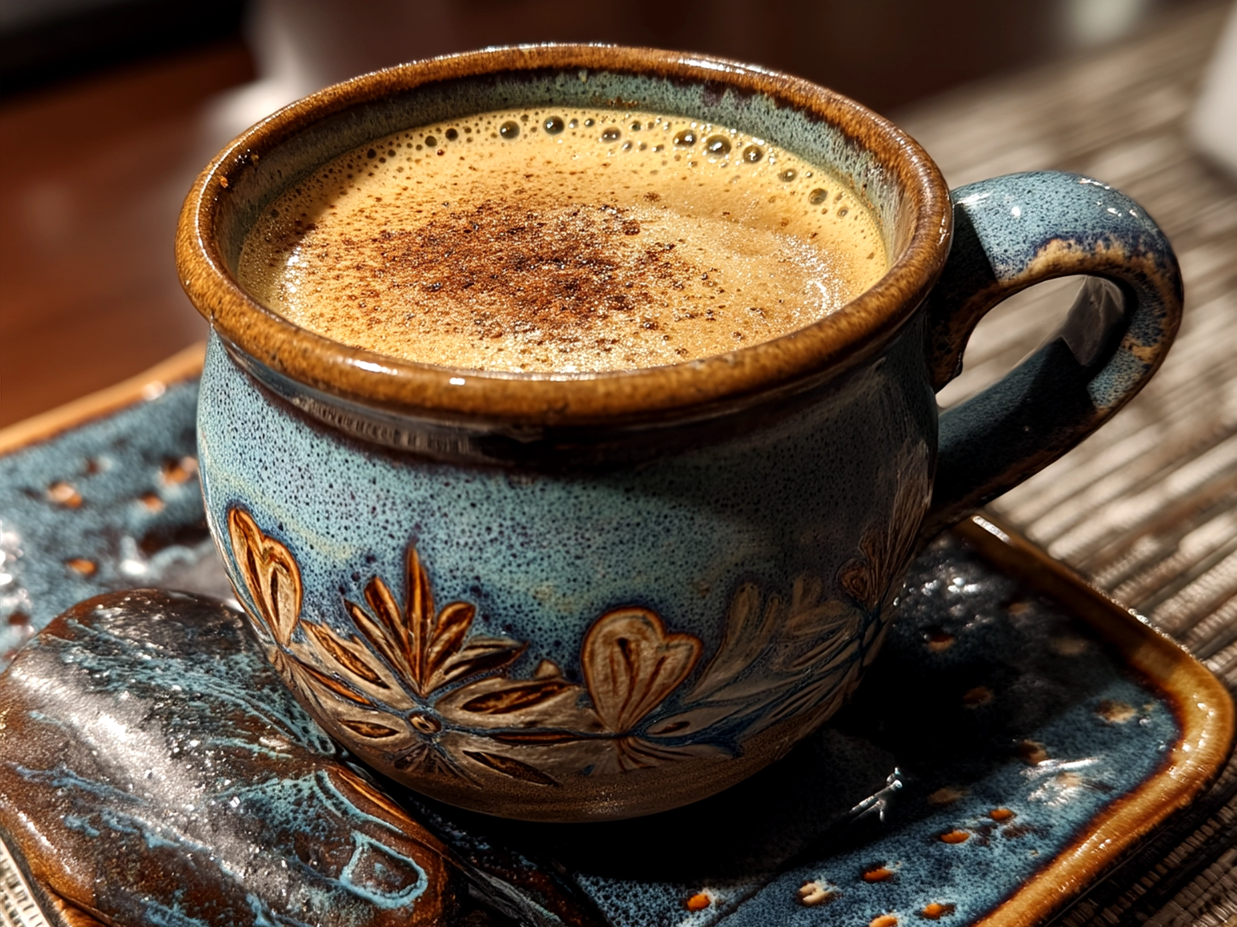 A warm chai tea latte served in a white cup with a sprinkle of cinnamon on top