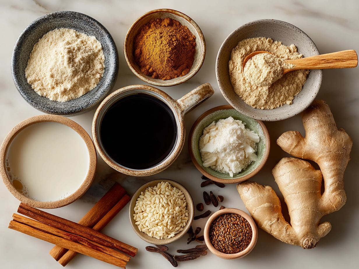 Fresh spices and ingredients for chai tea latte laid out on a table
