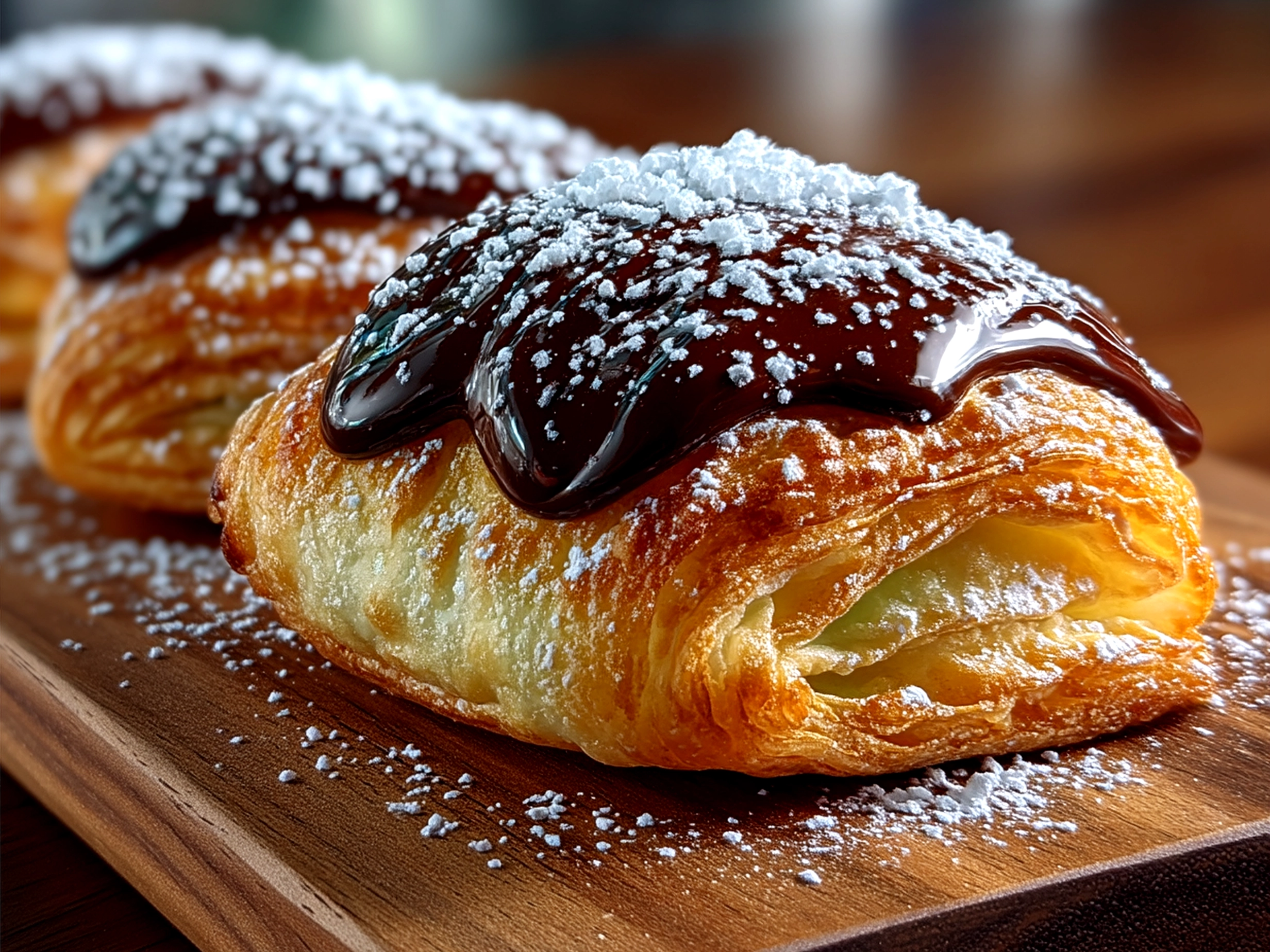 A finished chocolate puff pastry served with cream and fresh berries on a plate