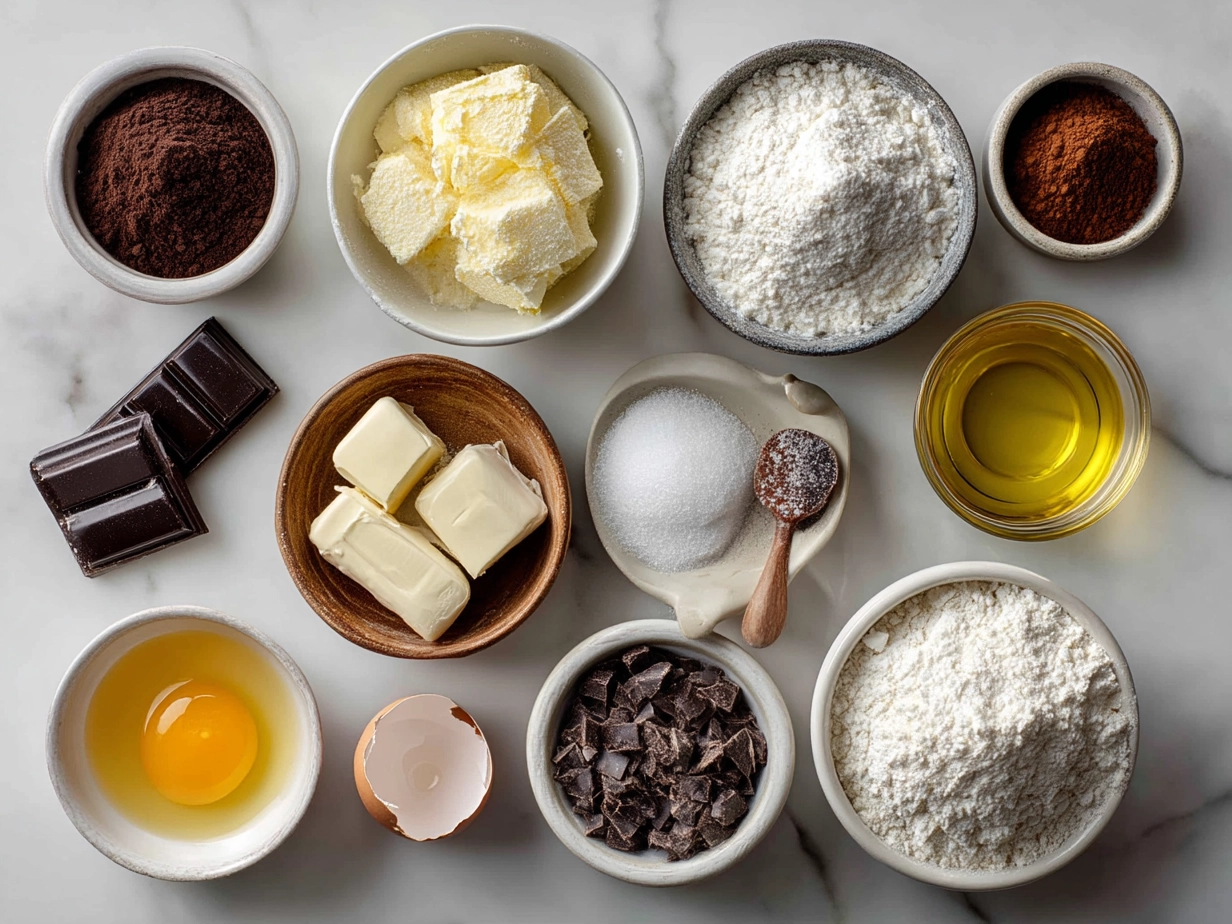 Ingredients for chocolate puff pastry including puff pastry dough, dark chocolate, egg, sugar, and butter