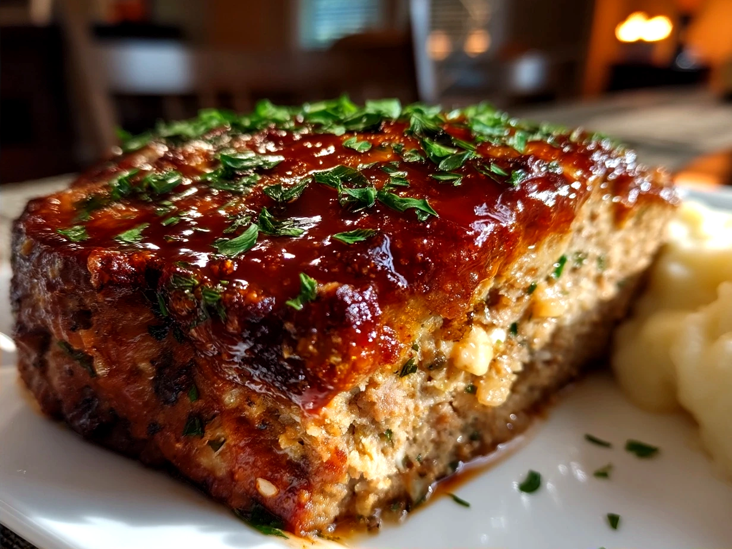 Sliced Classic Meatloaf served with mashed potatoes and green garnish