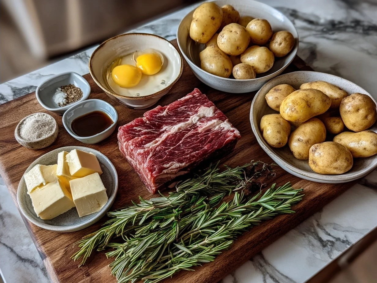 Fresh ingredients for Classic Meatloaf including ground beef, onion, garlic, herbs, and breadcrumbs