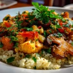 Close-up of freshly prepared Garlic Cauliflower Mushroom Skillet on white plate