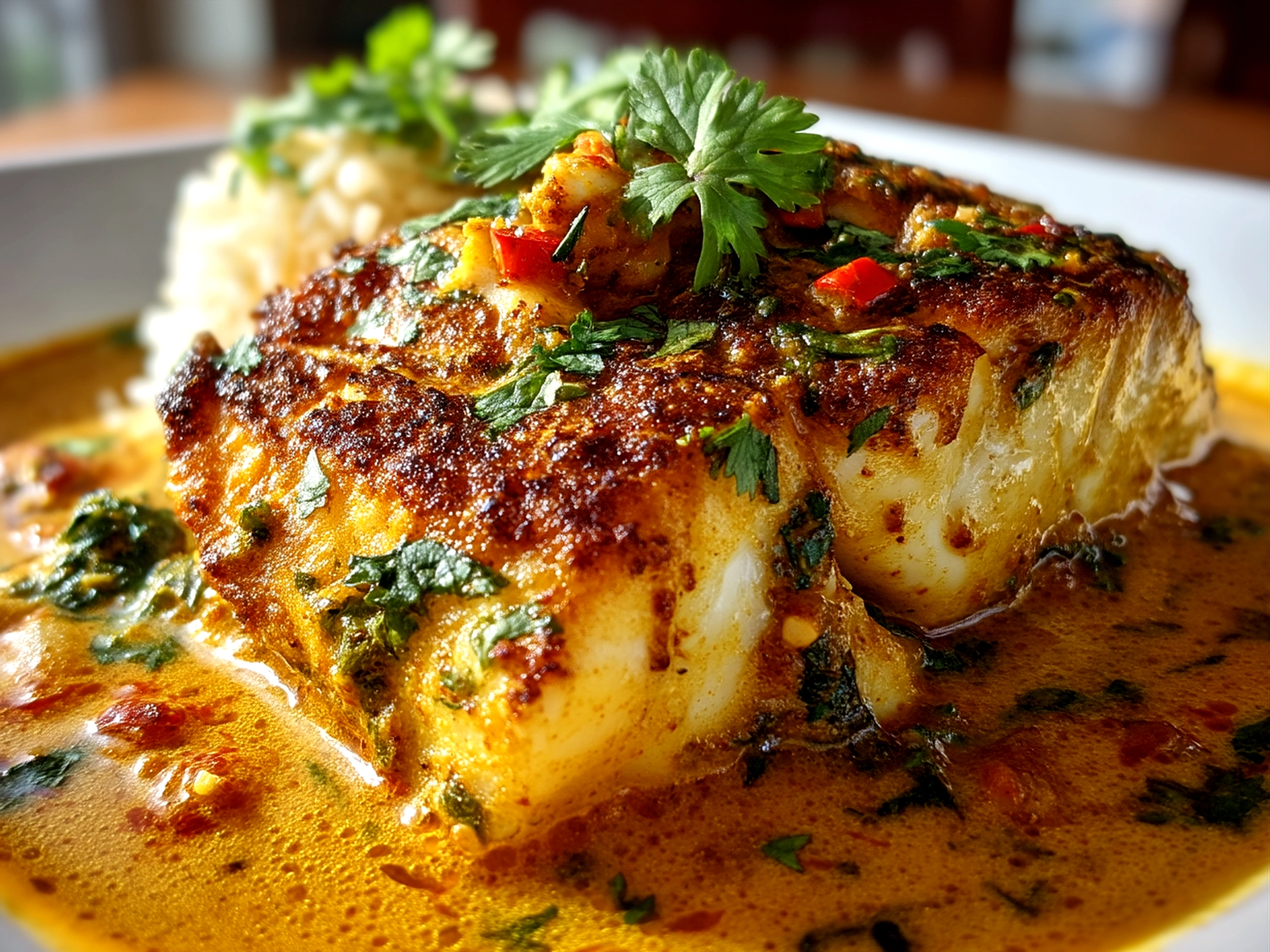 Serving presentation of Coconut Curry Baked Cod with rice and garnishes
