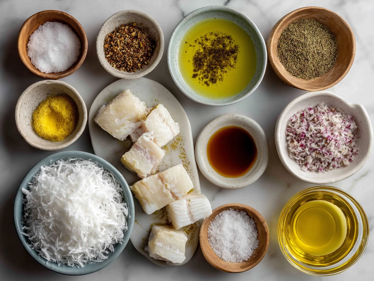 Ingredients for Coconut Curry Baked Cod laid out on a wooden surface
