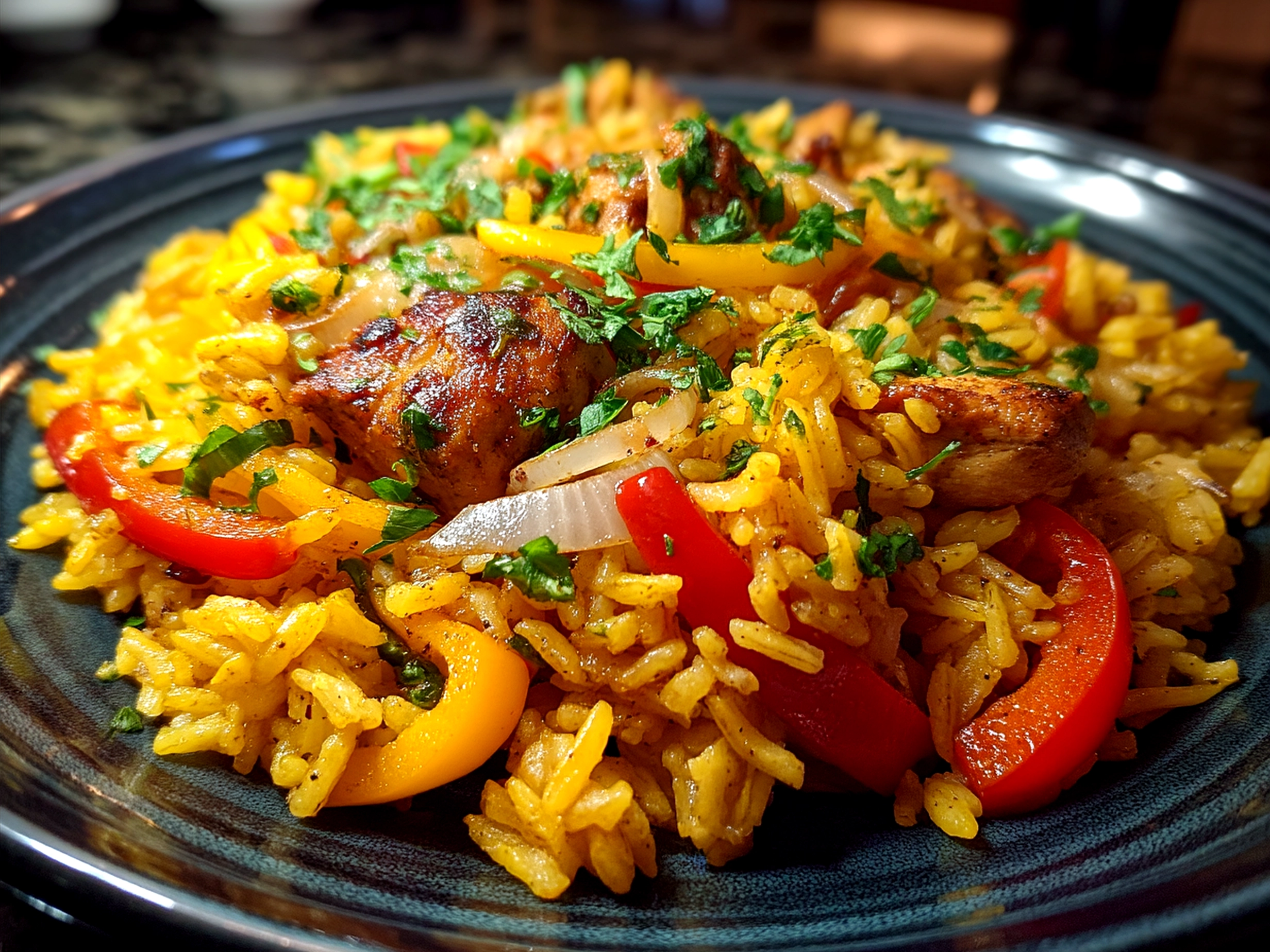 Serving of colorful Chicken Fajita Rice garnished with cilantro and lime wedges