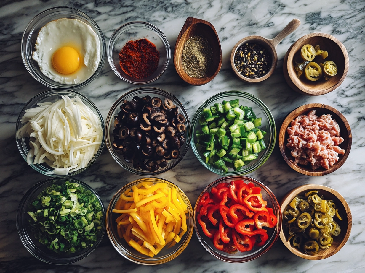 Ingredients for colorful Chicken Fajita Rice showing sliced chicken, bell peppers, rice, onion, and spices