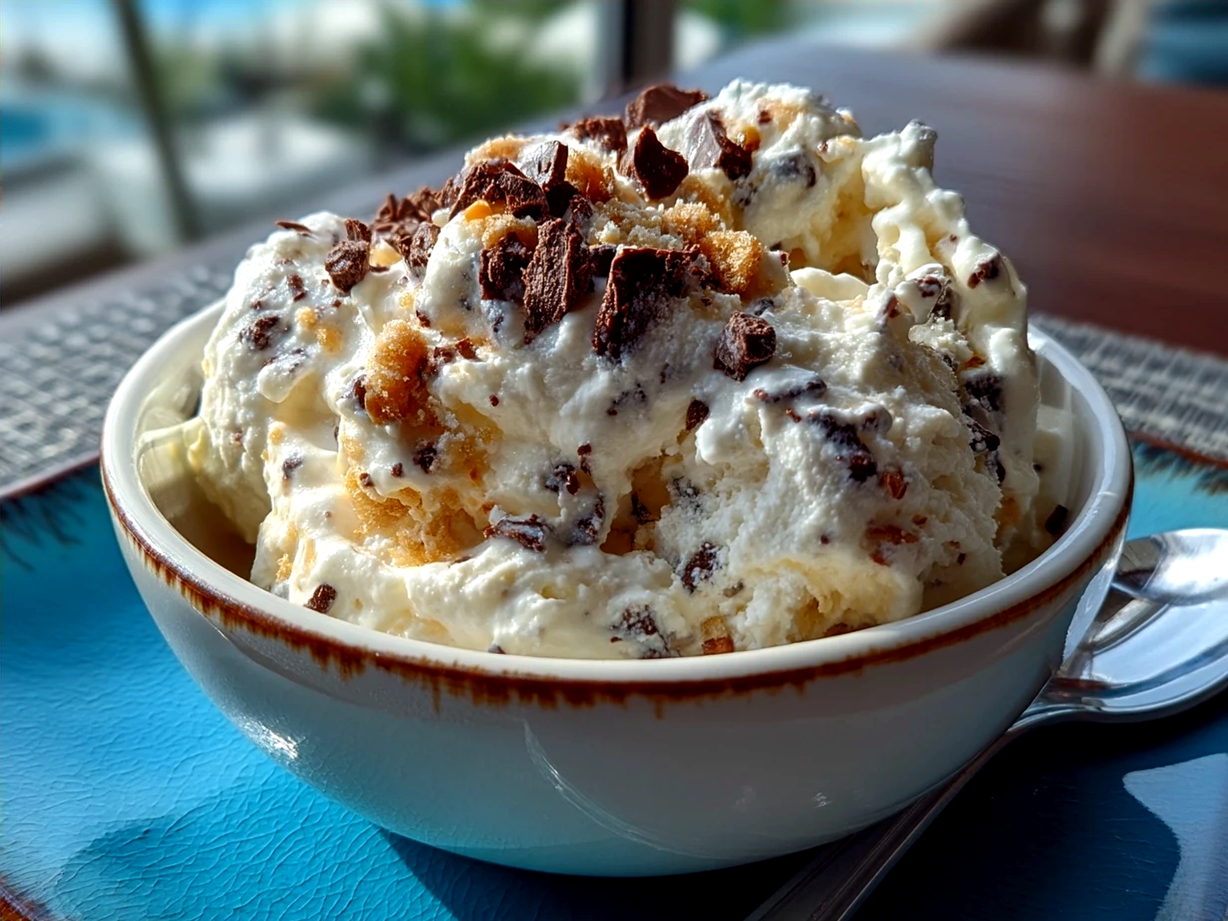 Cookie Dough Greek Yogurt with Chocolate Chips served in individual jars garnished with chocolate chips and honey drizzle