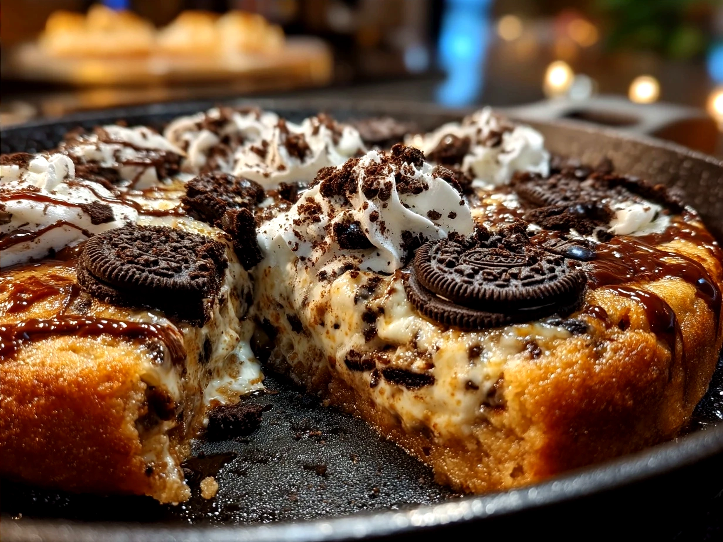 Freshly baked Cookies Cream Skillet Cookie served warm in a skillet with melting chocolate chips