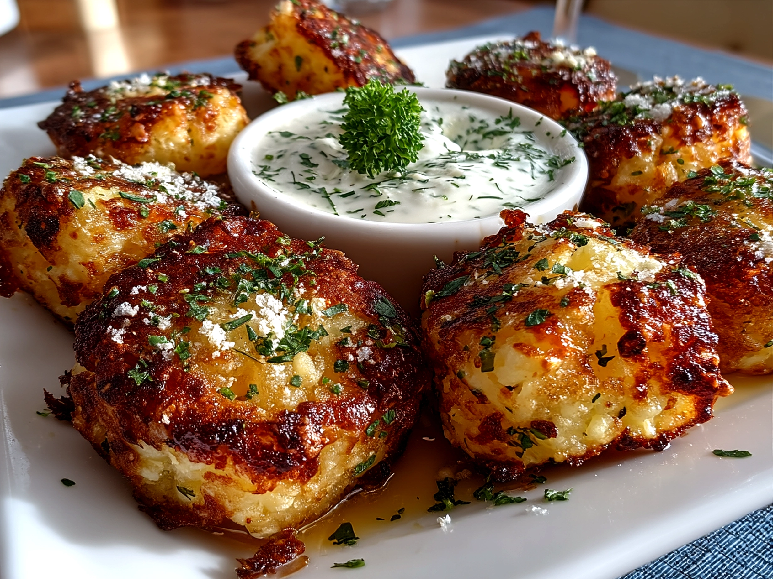 Golden baked Cottage Cheese Tots served on a white plate with fresh herbs