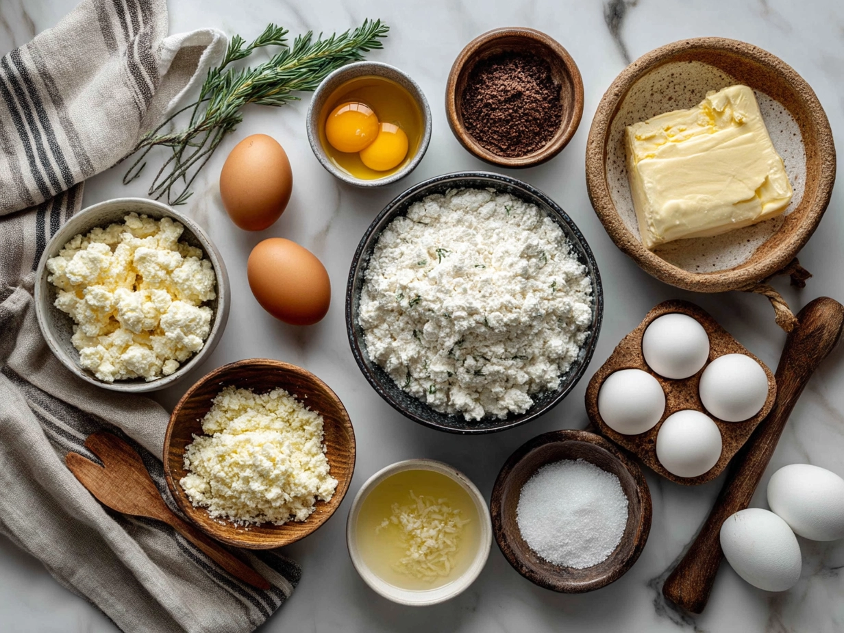 Ingredients laid out for making Cottage Cheese Tots including cottage cheese, shredded cheddar, almond flour, eggs, and seasonings