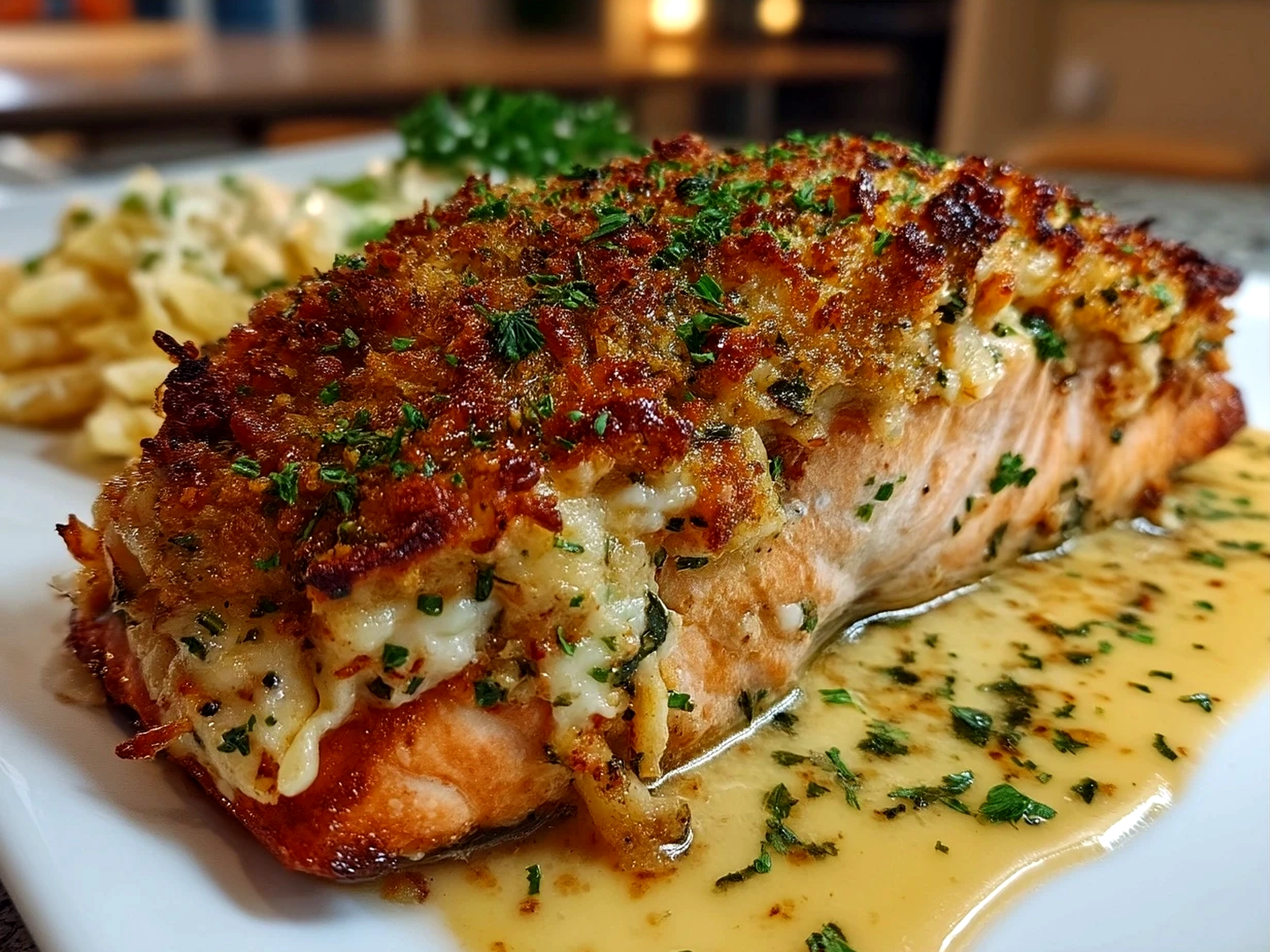 Plate of Crab and Shrimp Stuffed Salmon garnished with fresh parsley and lemon slices