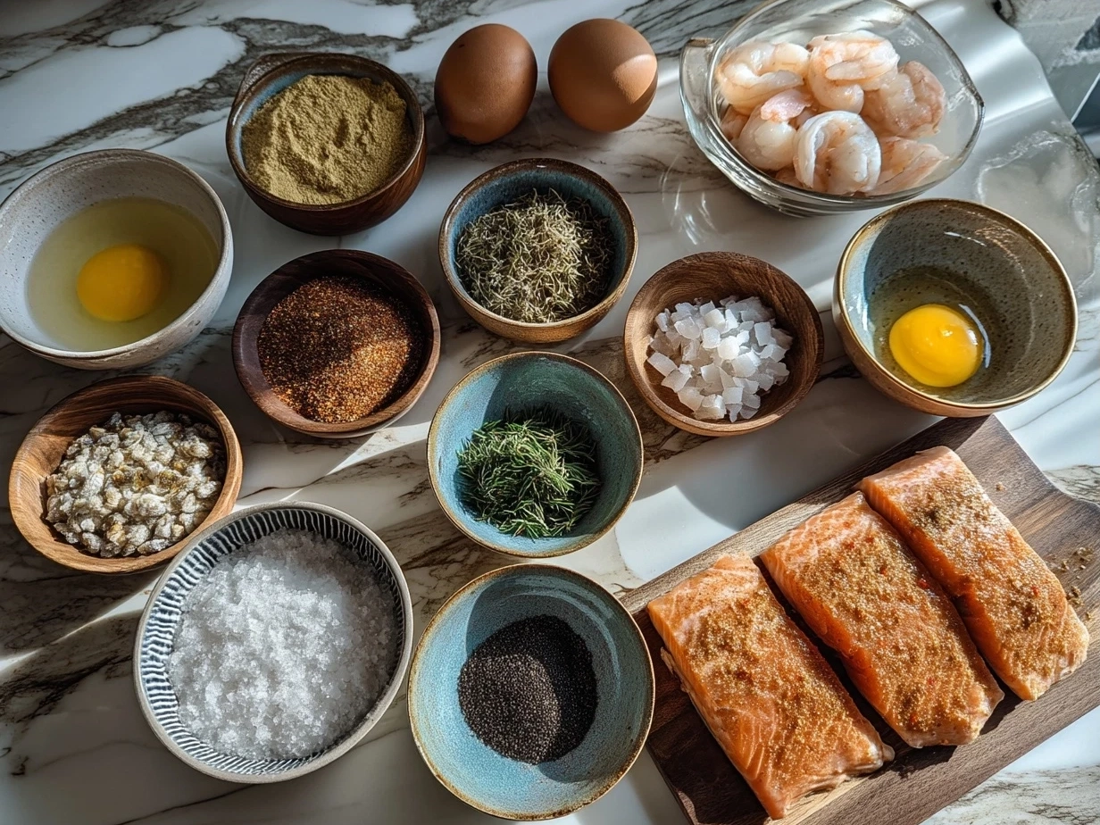 Fresh ingredients for Crab and Shrimp Stuffed Salmon including crab meat, shrimp, salmon fillets, lemon, and herbs
