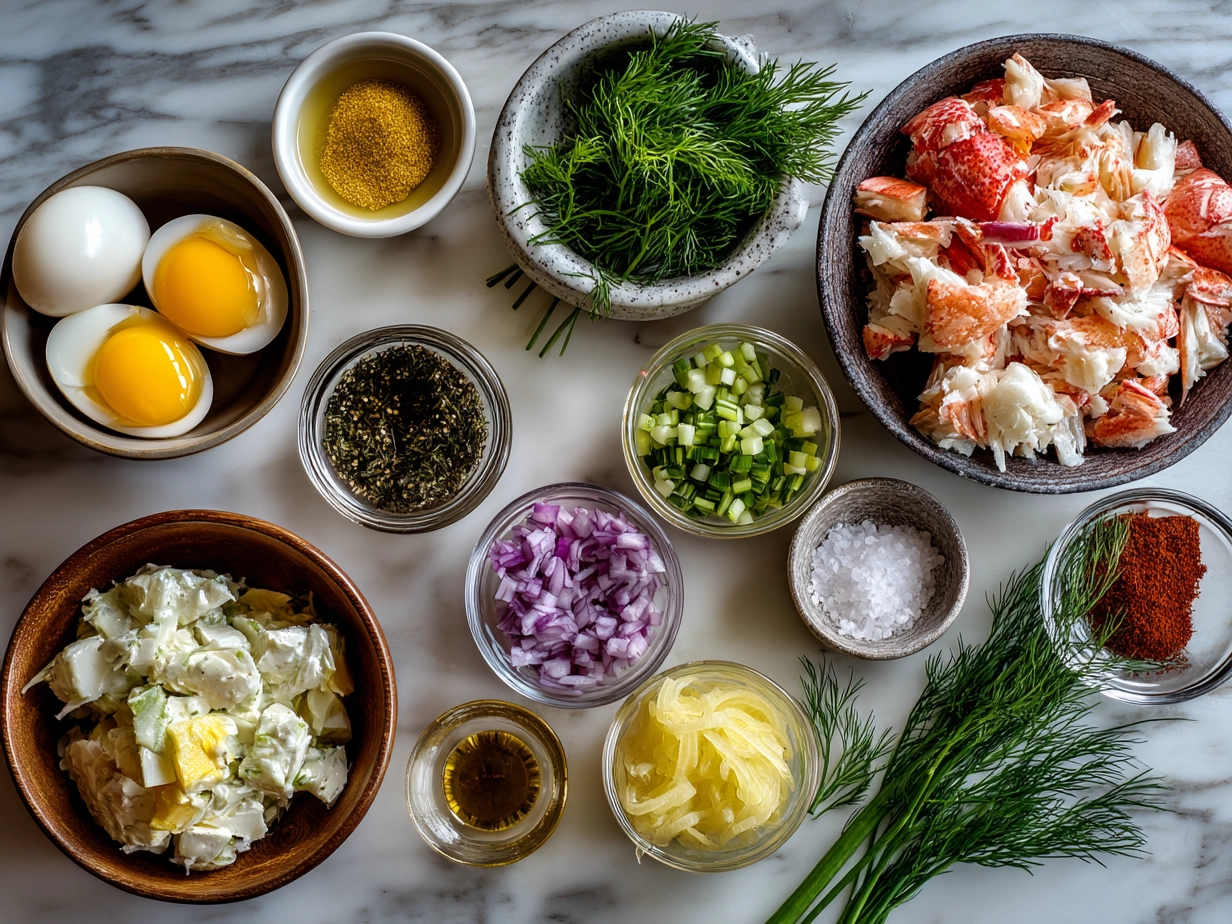 Ingredients for Crab Salad including lump crab meat, imitation crab, celery, red bell pepper, dill, mayonnaise, lemon juice, and Dijon mustard