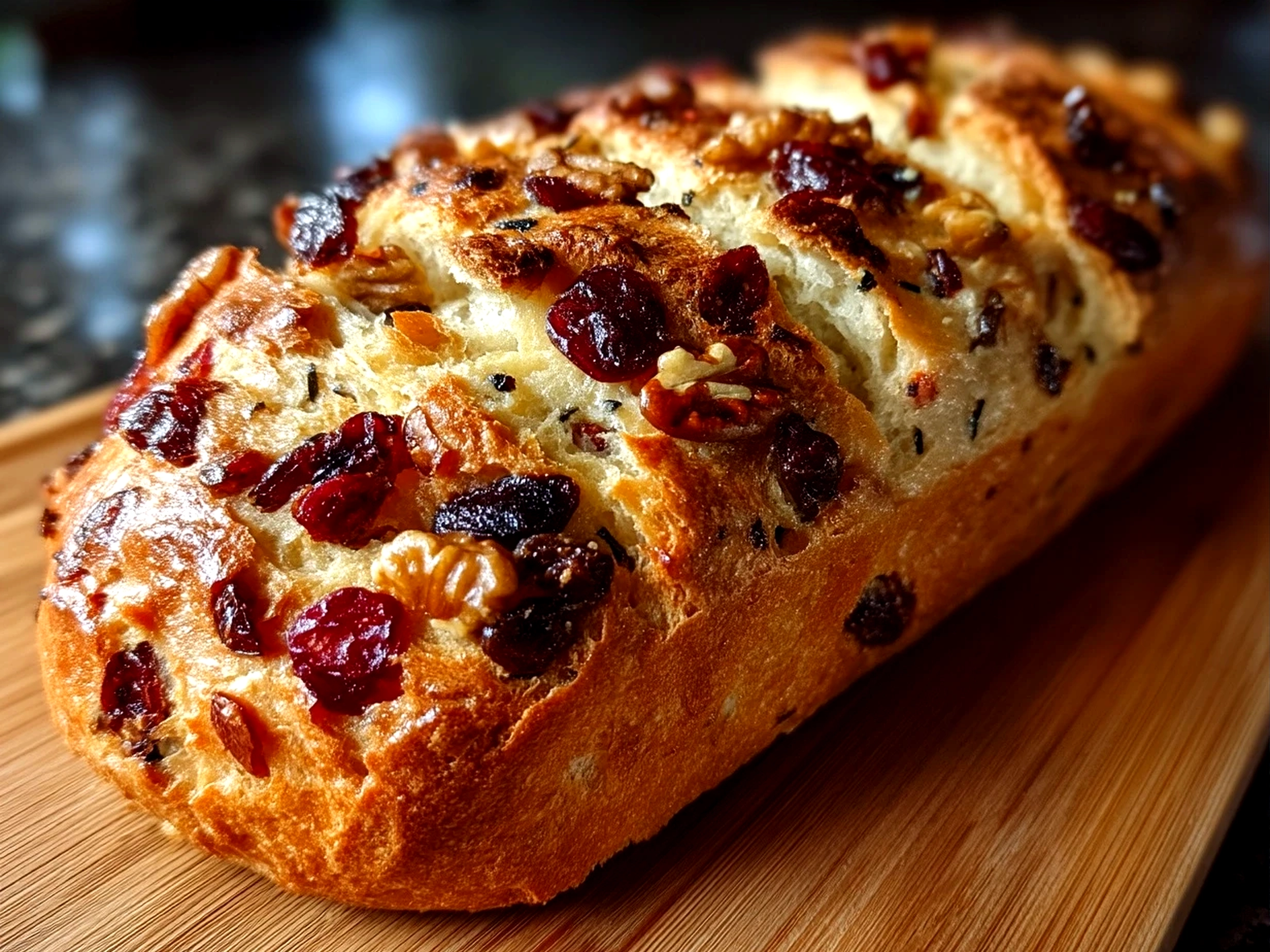 Sliced Cranberry Raisin Walnut Cinnamon Artisan Bread served with butter and honey