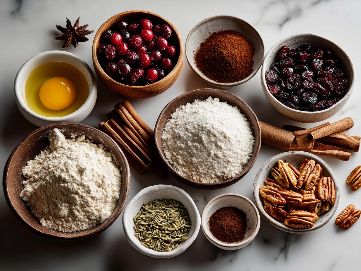 Ingredients laid out for Cranberry Raisin Walnut Cinnamon Artisan Bread including flour, walnuts, cranberries, raisins, cinnamon and olive oil