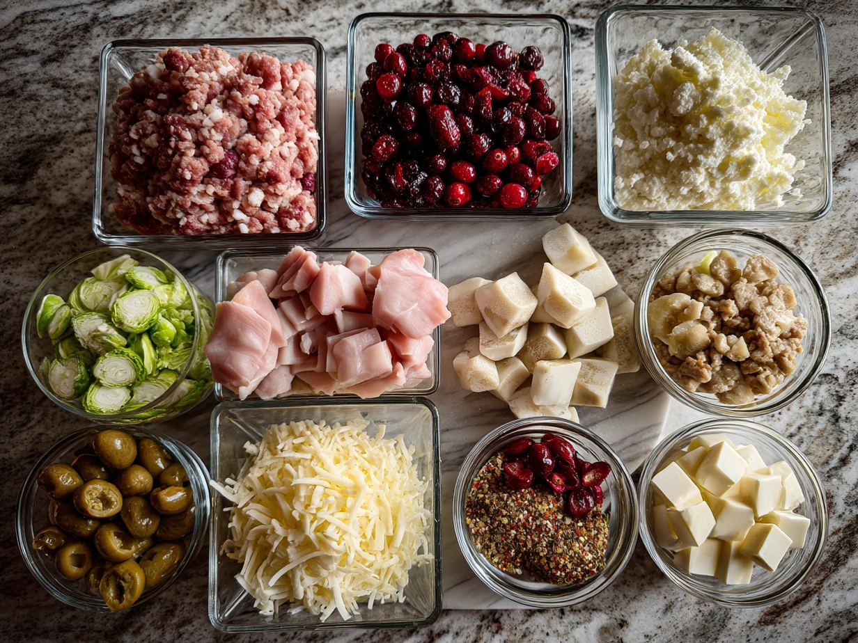 Ingredients for Cranberry Turkey Sliders including turkey breast, slider buns, cranberry sauce, mayonnaise, Dijon mustard and mixed greens
