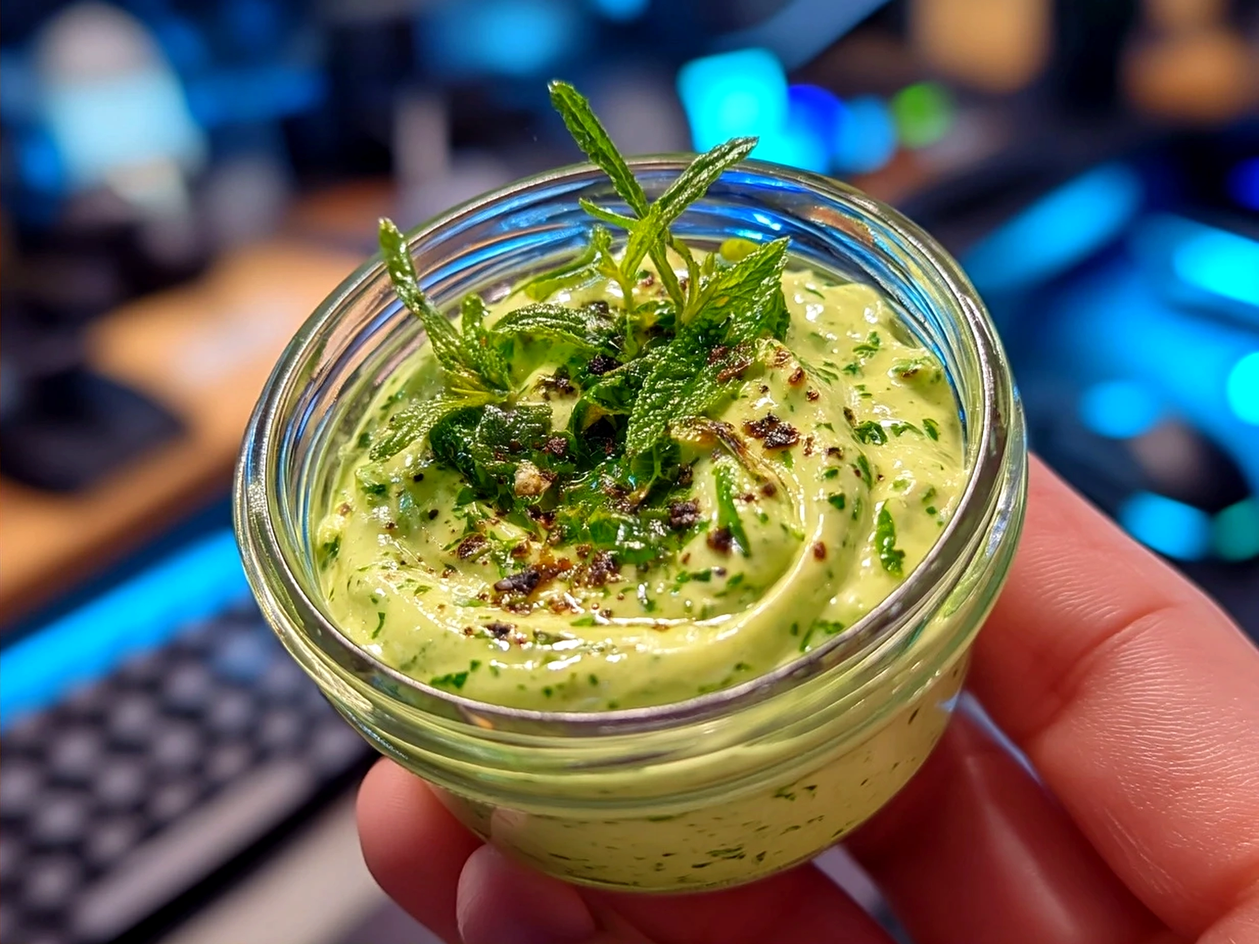 Serving bowl of creamy pesto aioli sauce alongside a rustic spoon ready for dipping