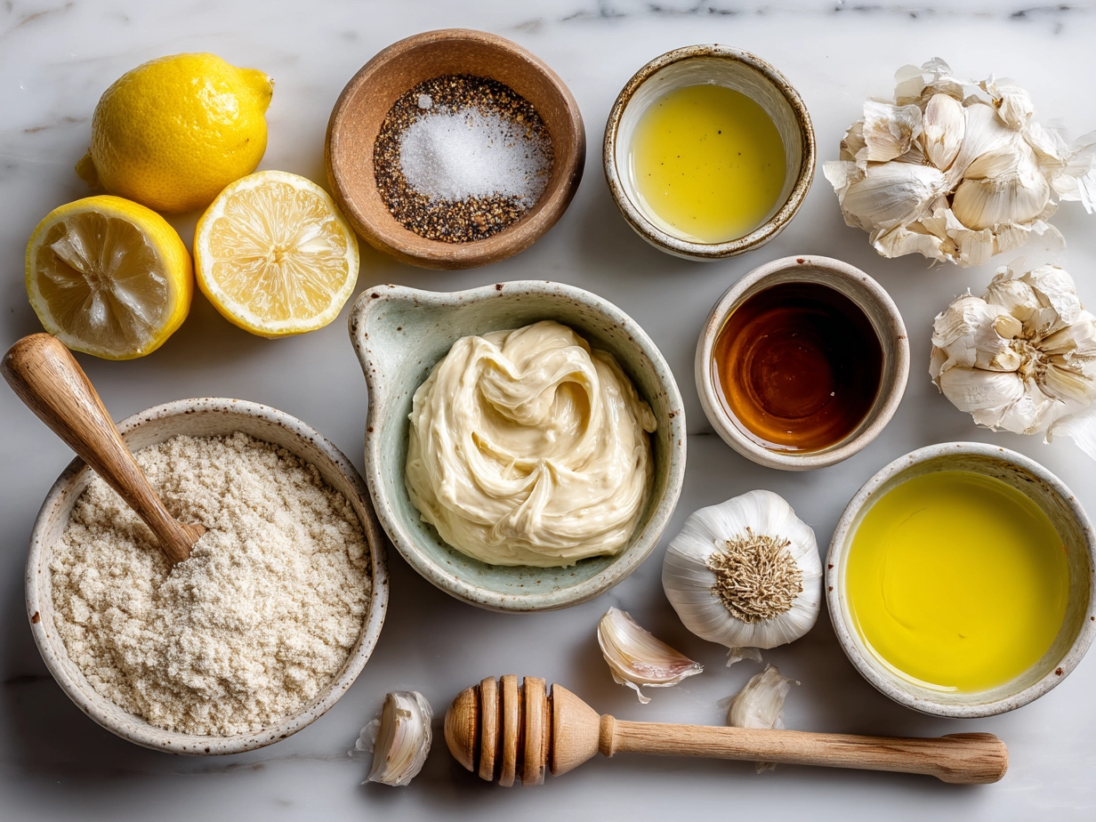 Ingredients for creamy roast garlic and lemon pasta sauce including garlic, cream, lemon, olive oil, parmesan and butter