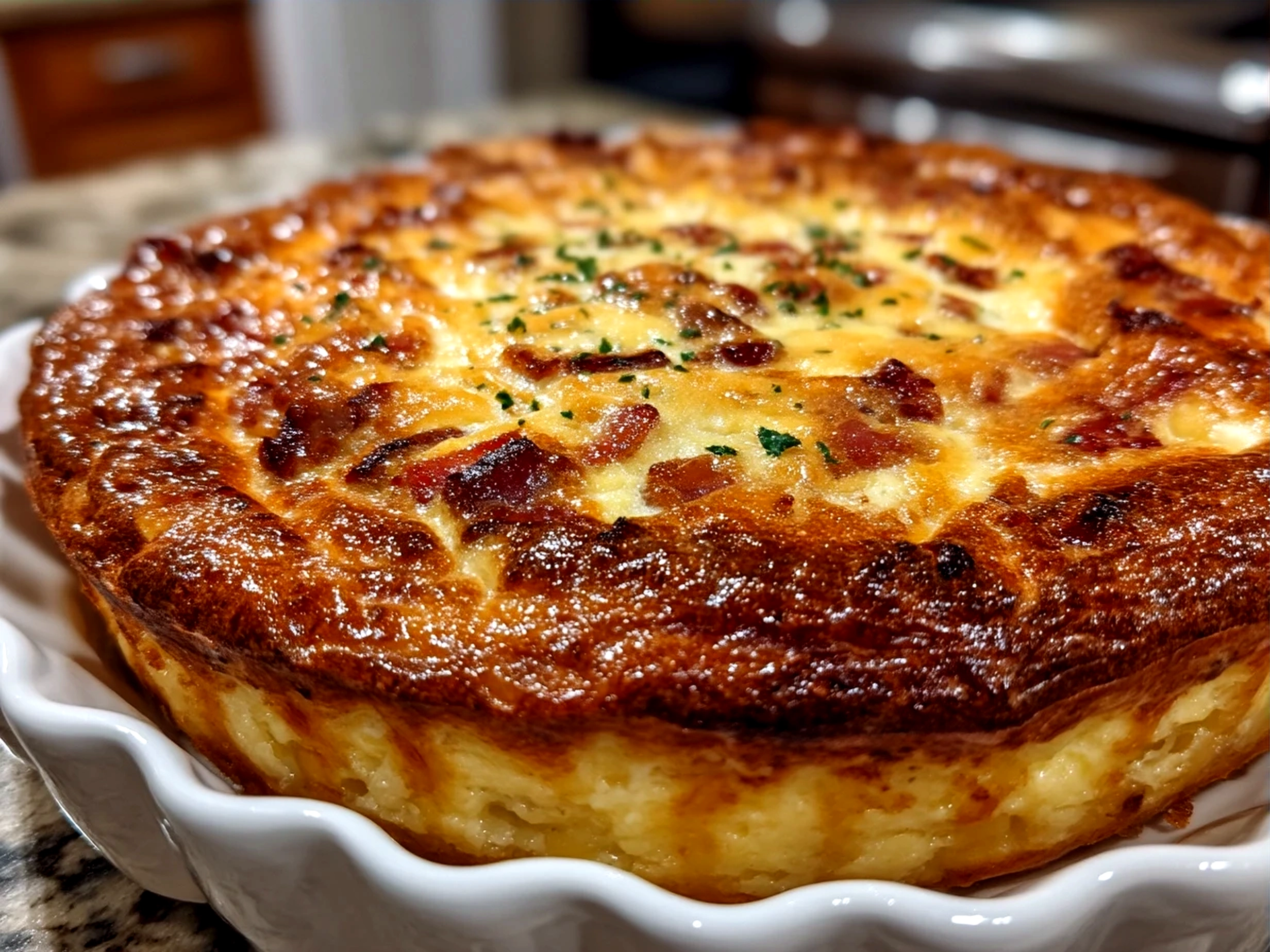 Served Crustless Bacon Cheese Quiche garnished with fresh herbs