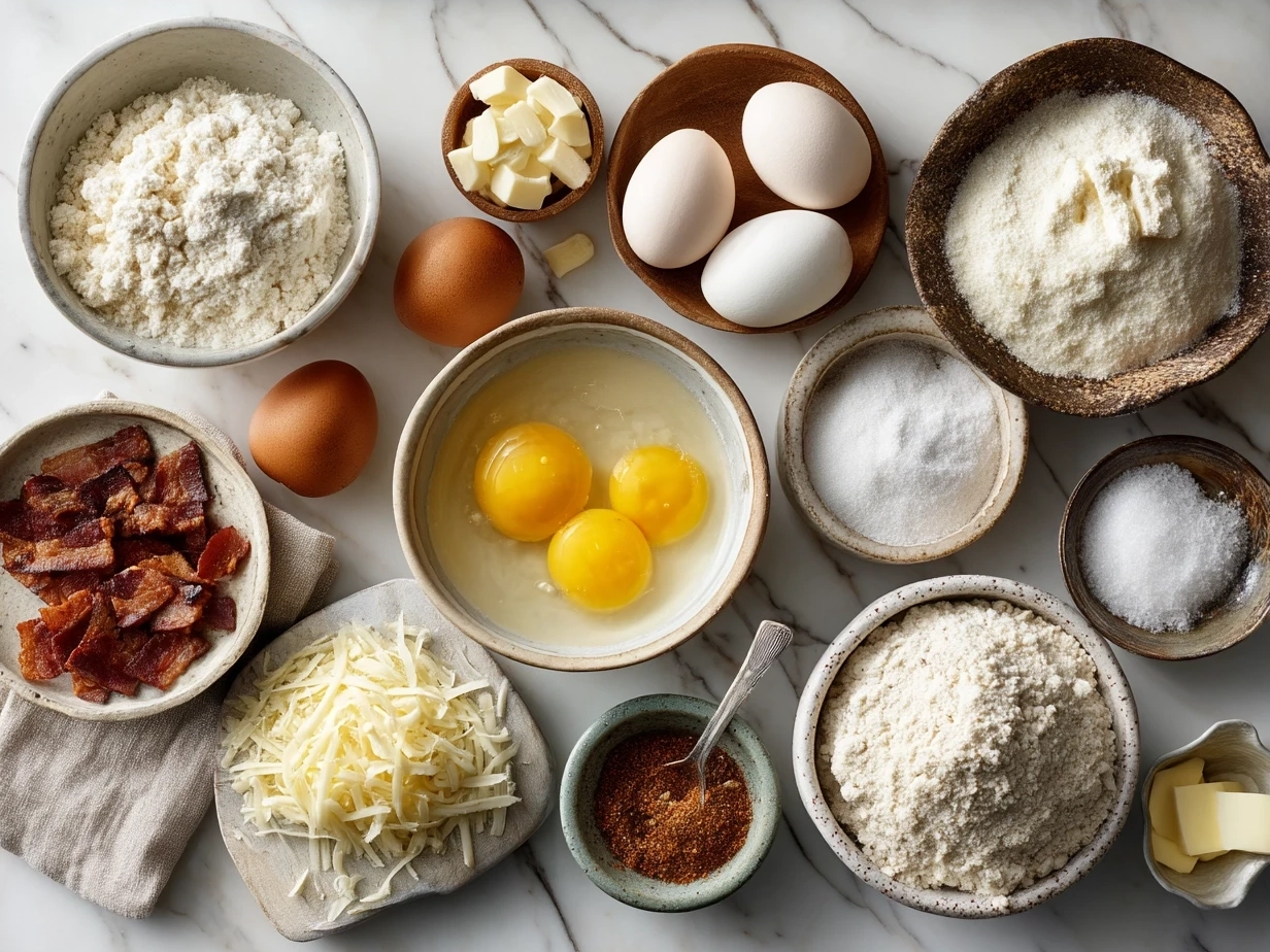 Ingredients for Crustless Bacon Cheese Quiche including eggs, bacon, cheese, and cream