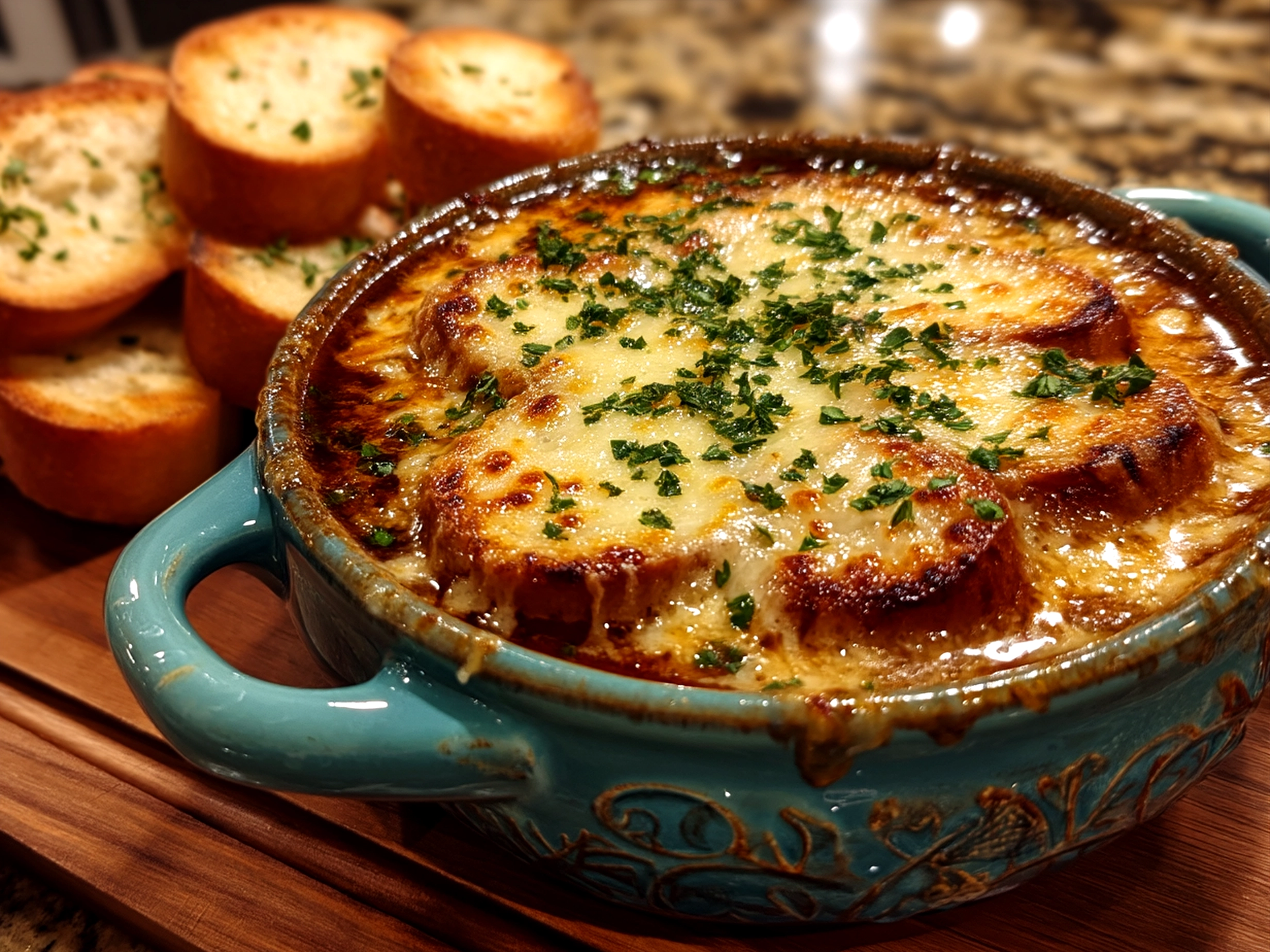 Final serving of Dutch Oven French Onion Soup with melted Gruyere cheese