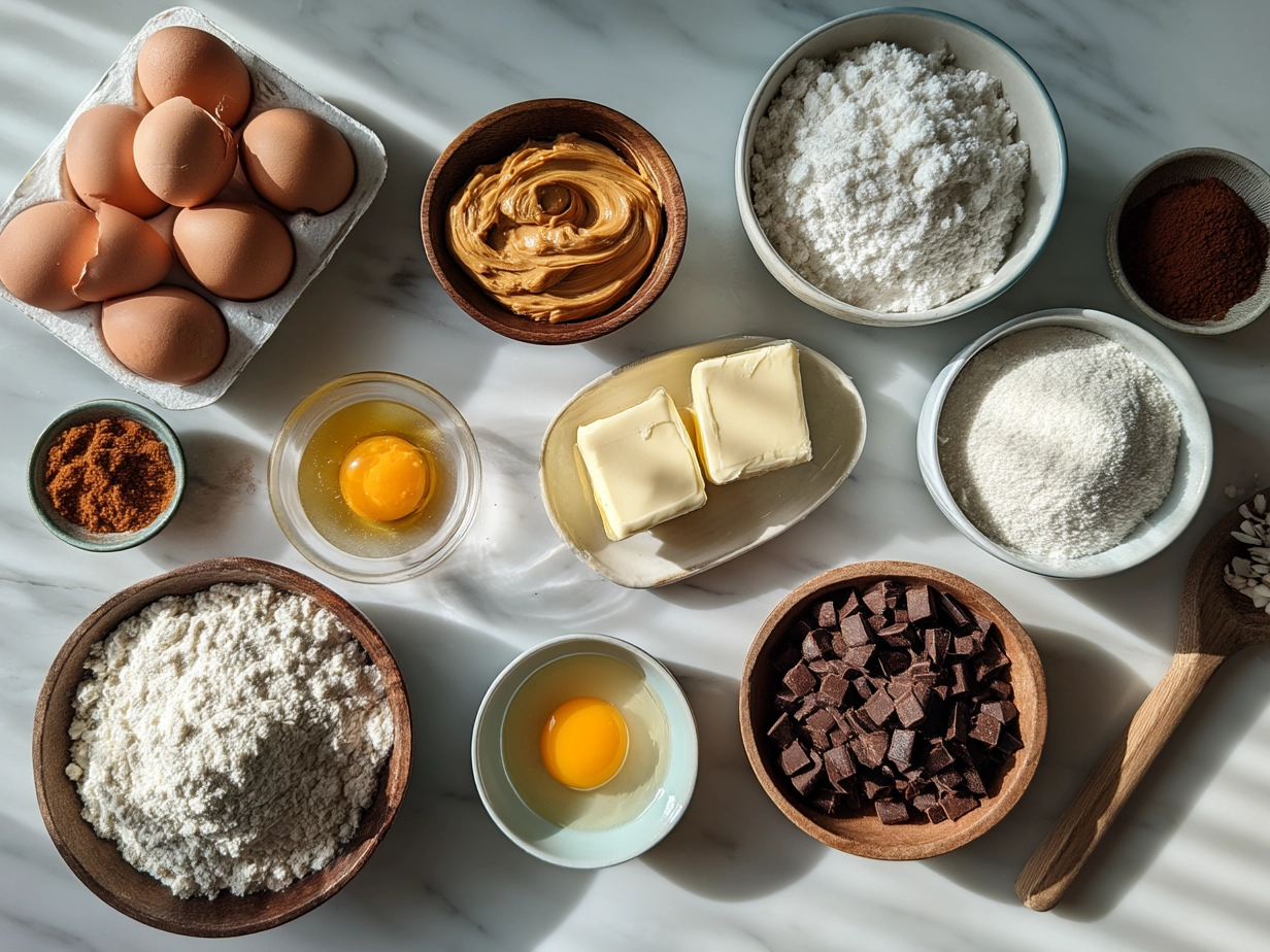 Ingredients for Easter Peanut Butter Eggs including peanut butter, powdered sugar, vanilla, chocolate chips, and optional shortening