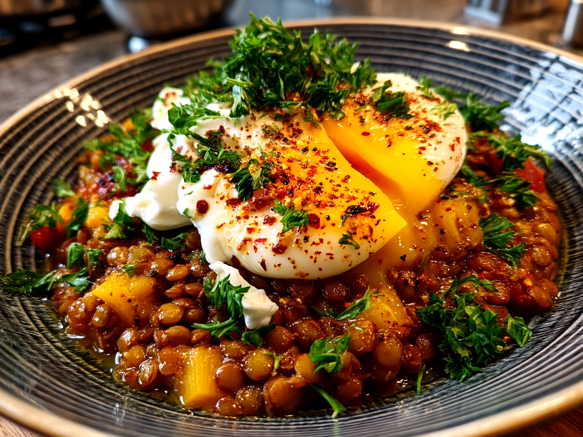 Final plated Eggcentric lentils with poached egg and yogurt, garnished and ready to serve