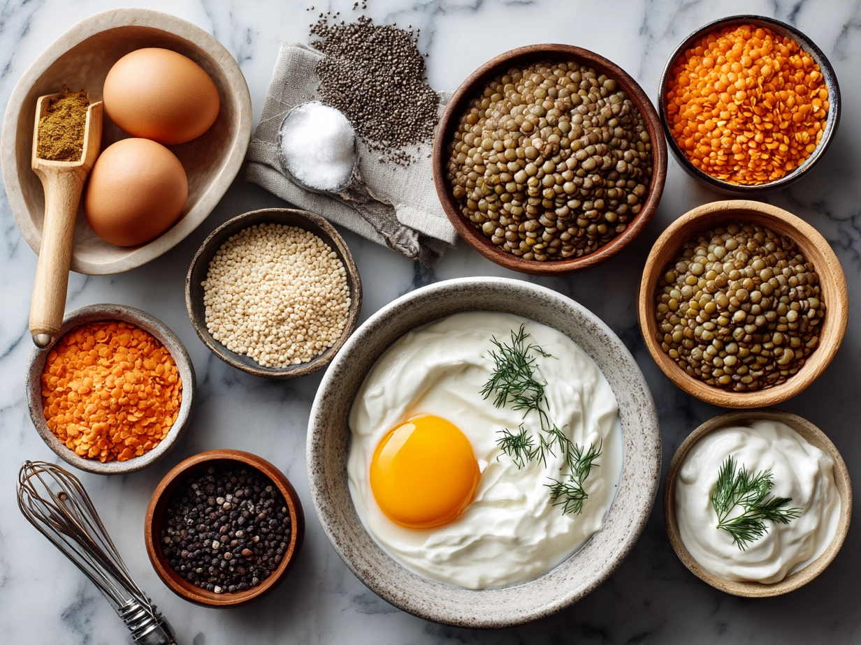 Ingredients for Eggcentric lentils with poached egg and yogurt, including lentils, eggs, yogurt, red onion, garlic, lemon, olive oil, and spices