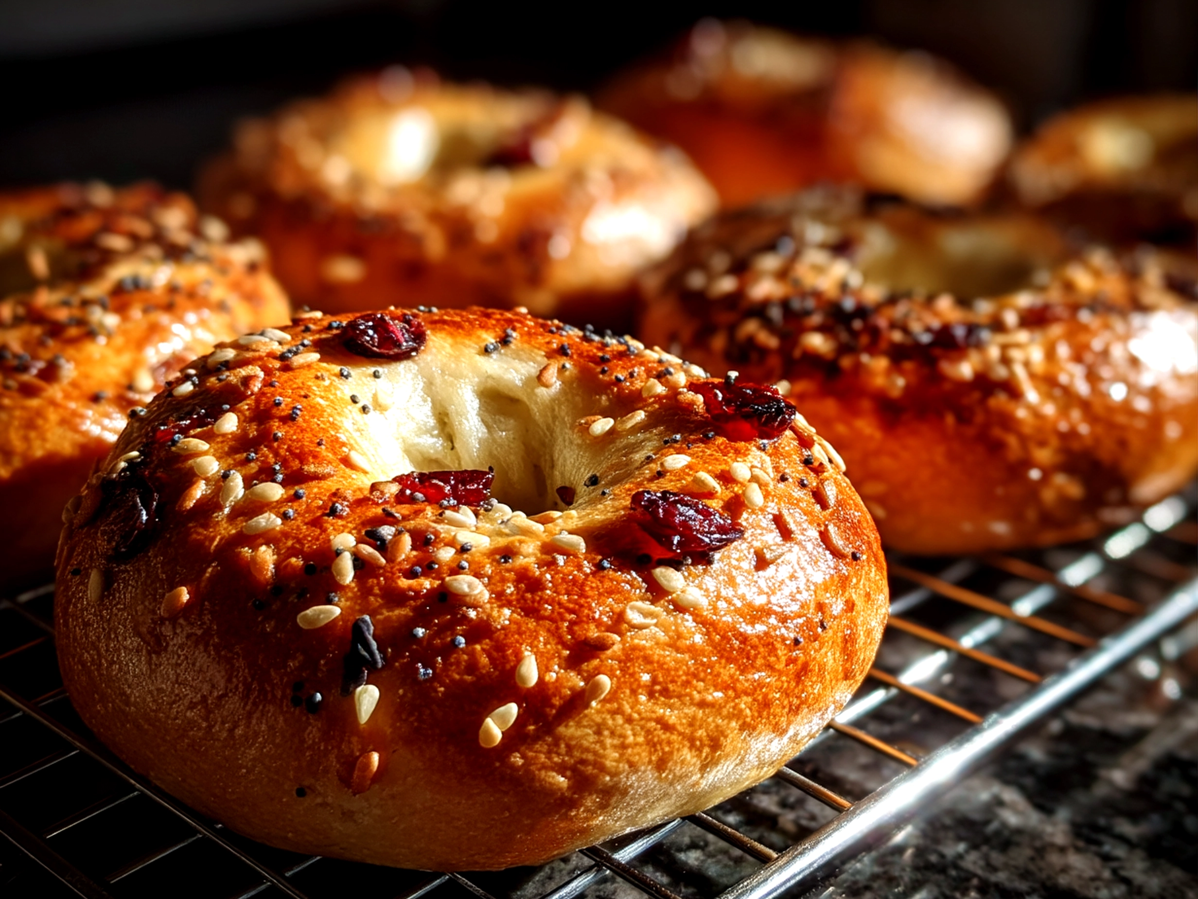 Close up of freshly baked blueberry bagels ready to serve