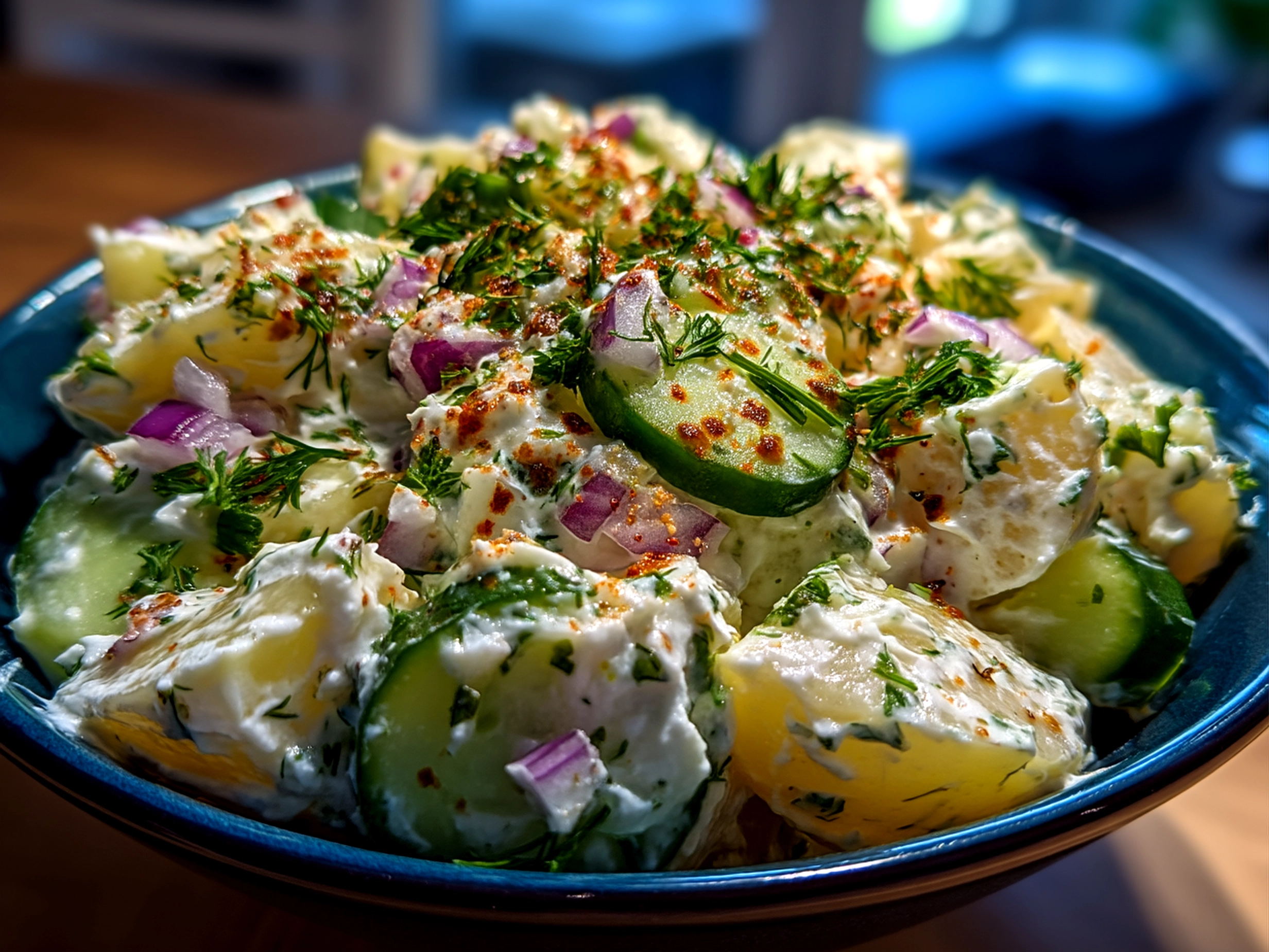 Finished Greek Yogurt Potato Salad with Cucumbers served in a shallow bowl garnished with fresh dill